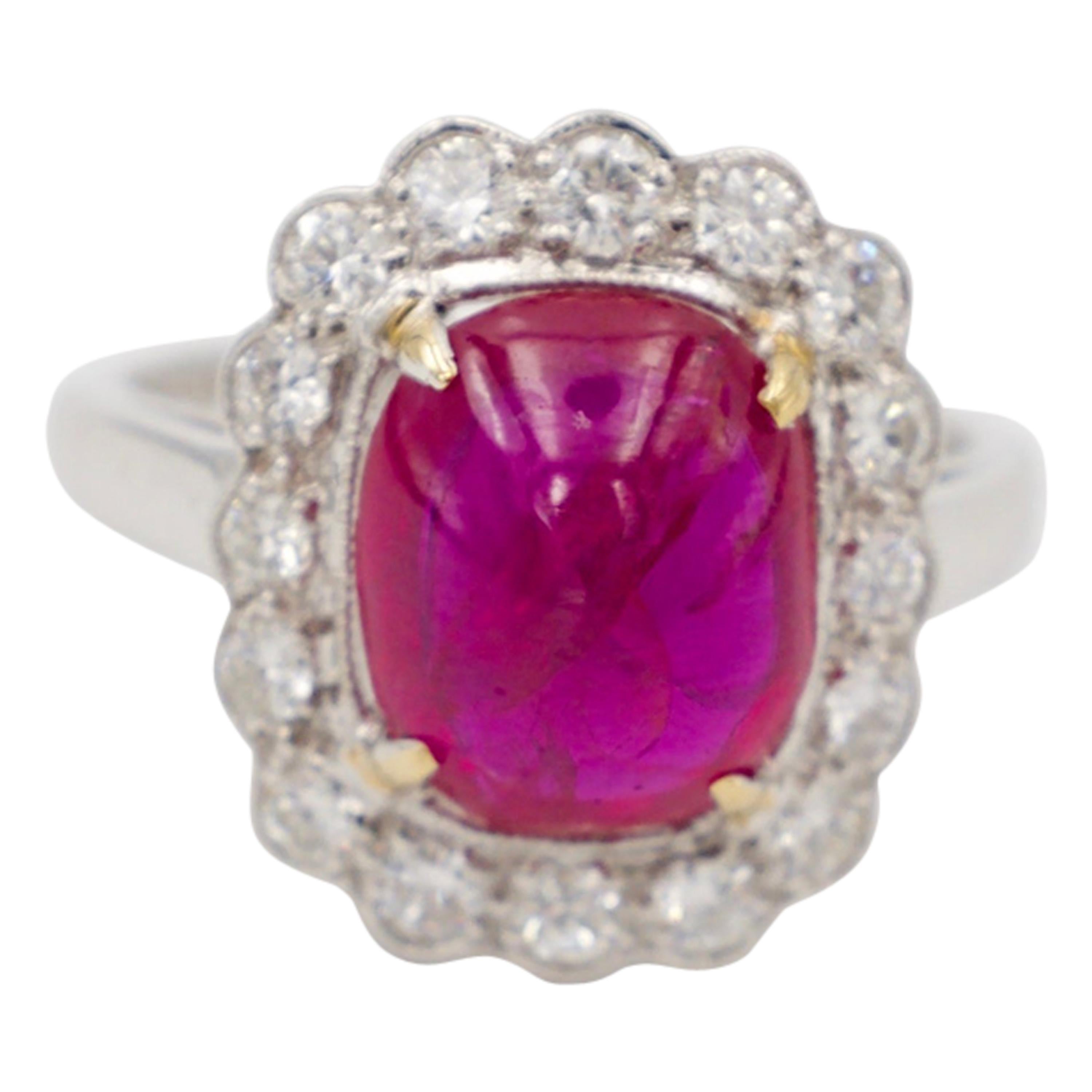 4 Carat No Heat Burmese Ruby Cabochon and Diamond Ring For Sale