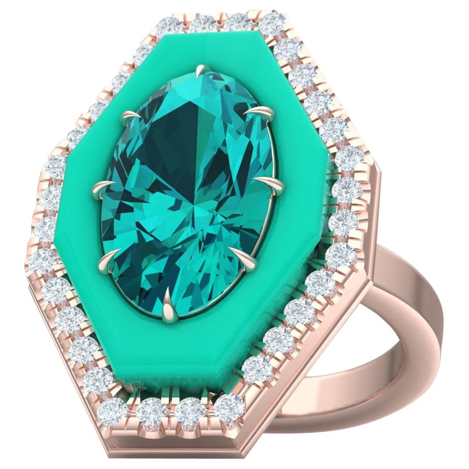4 Carat of Apatite Turquoise and Diamond Rose Gold Ring For Sale