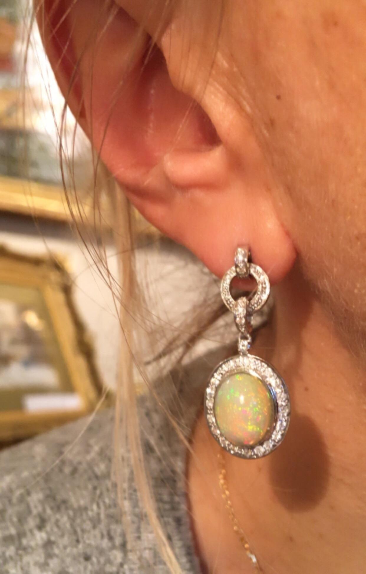 Women's 4 Carat Opal Diamonds 18 Karat White Gold Dangle Earrings