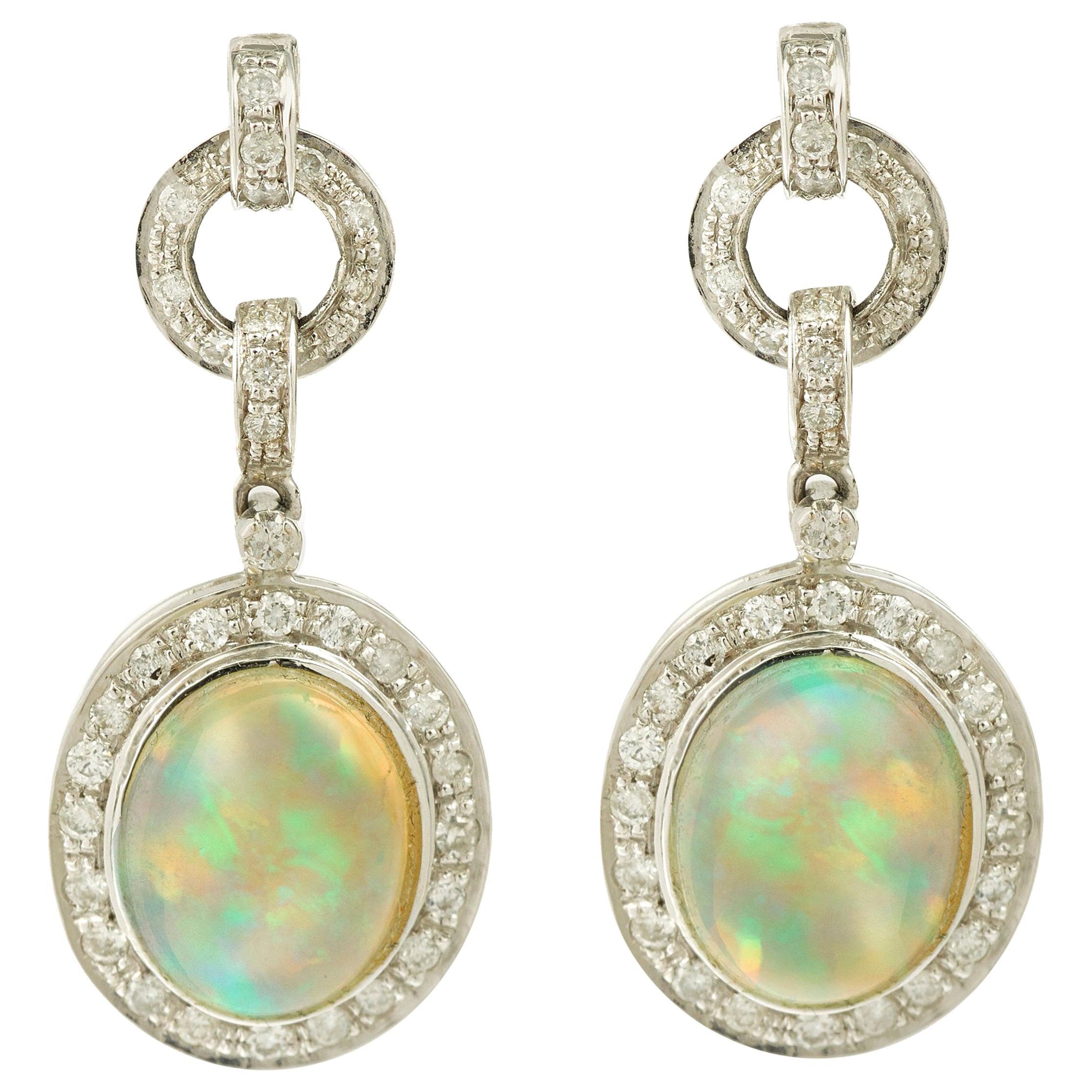 4 Carat Opal Diamonds 18 Karat White Gold Dangle Earrings