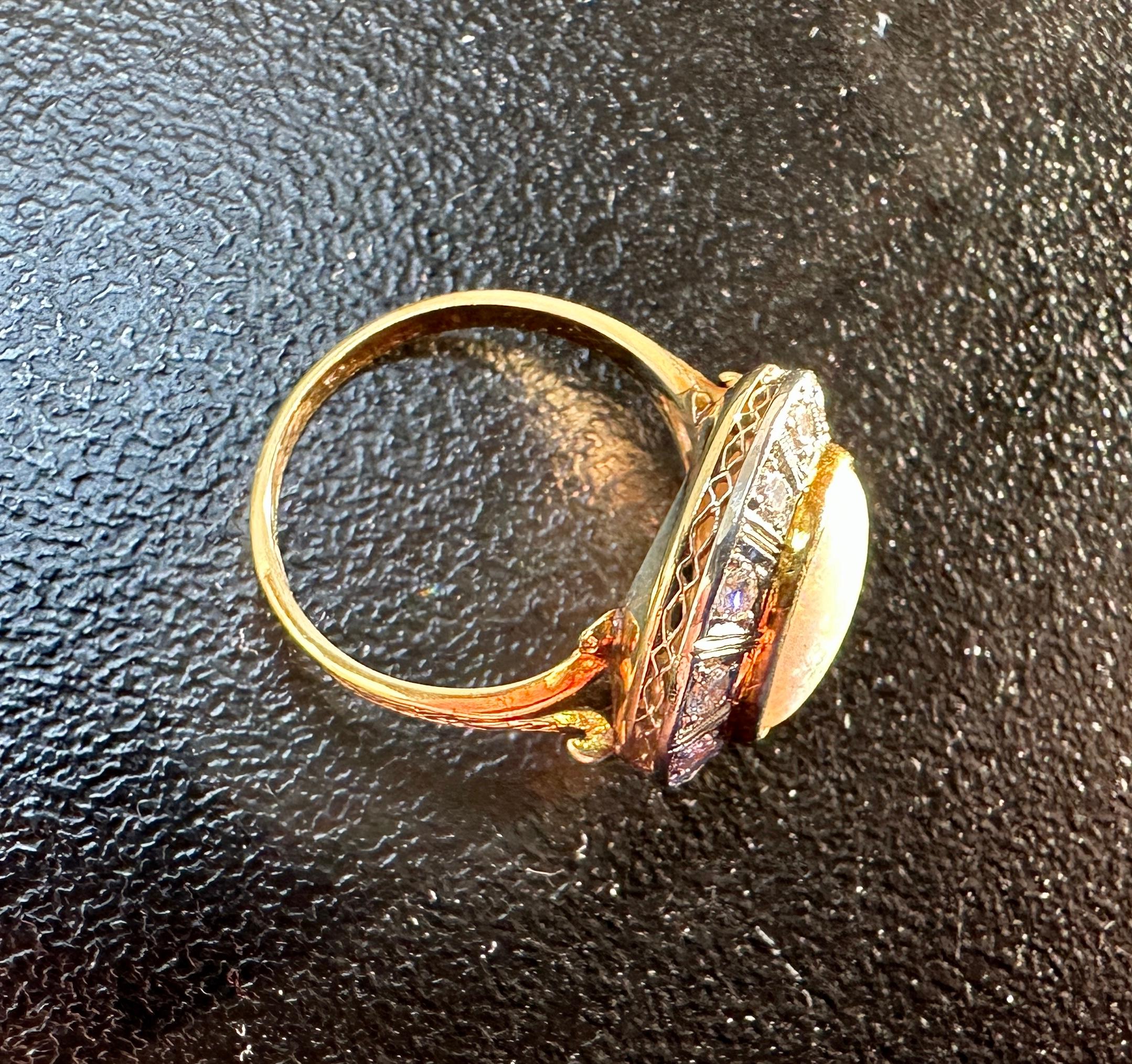 4 Carat Opal Old Mine Cut Diamond Ring 14 Karat Gold Cocktail Art Deco Victorian For Sale 5