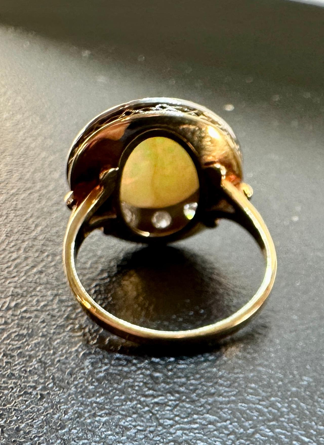 4 Carat Opal Old Mine Cut Diamond Ring 14 Karat Gold Cocktail Art Deco Victorian For Sale 6