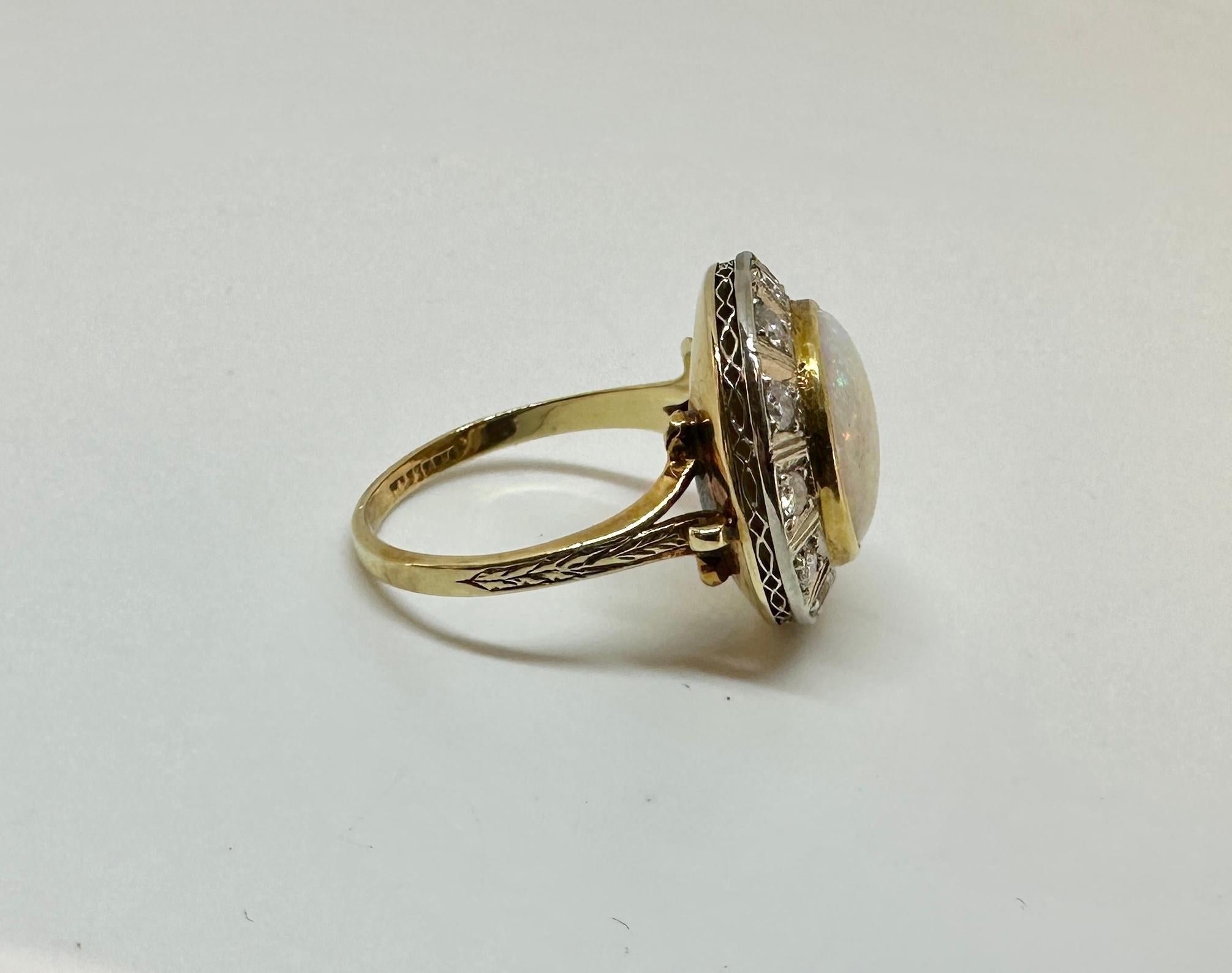 4 Carat Opal Old Mine Cut Diamond Ring 14 Karat Gold Cocktail Art Deco Victorian For Sale 7