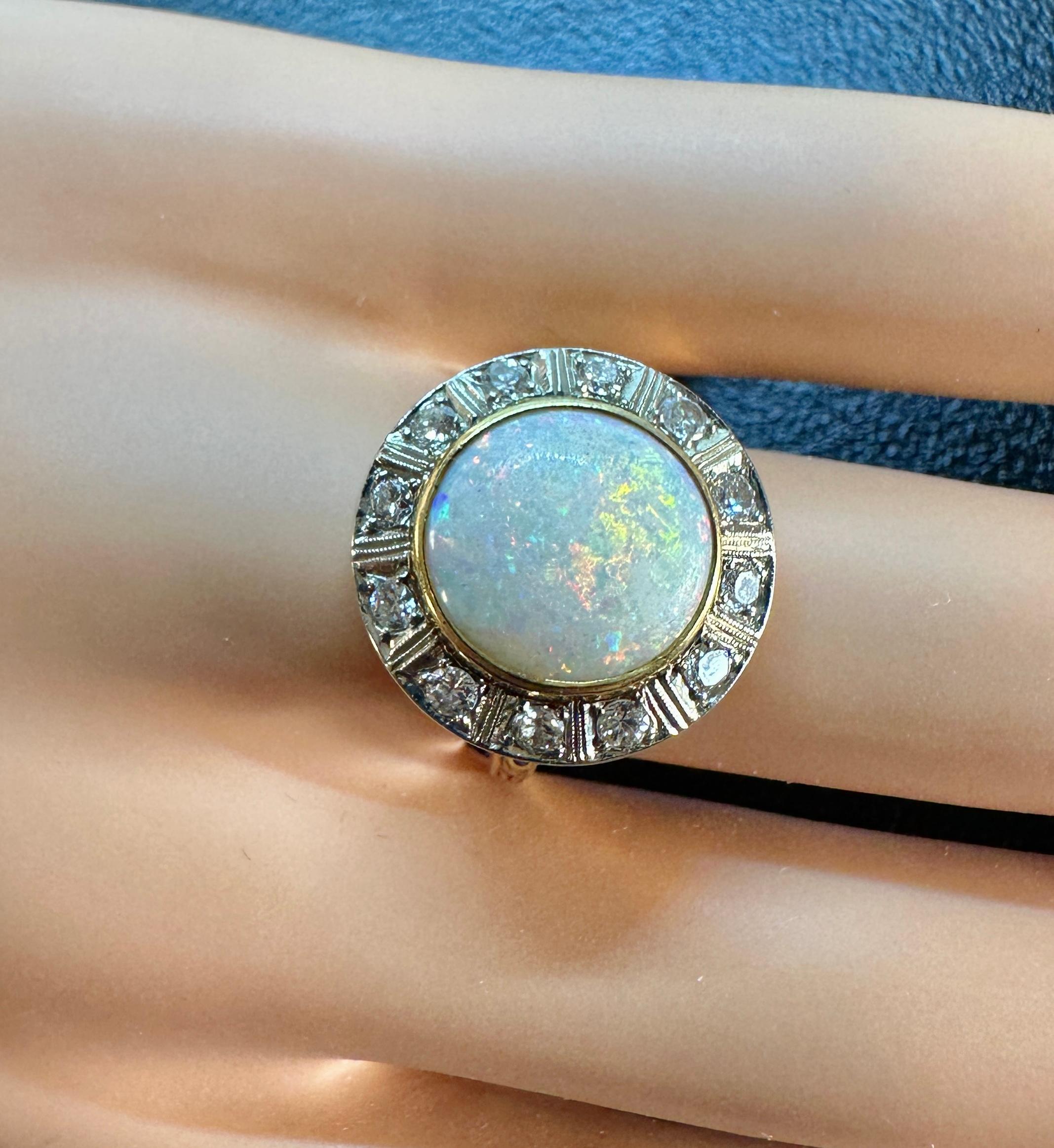 4 Carat Opal Old Mine Cut Diamond Ring 14 Karat Gold Cocktail Art Deco Victorian For Sale 8