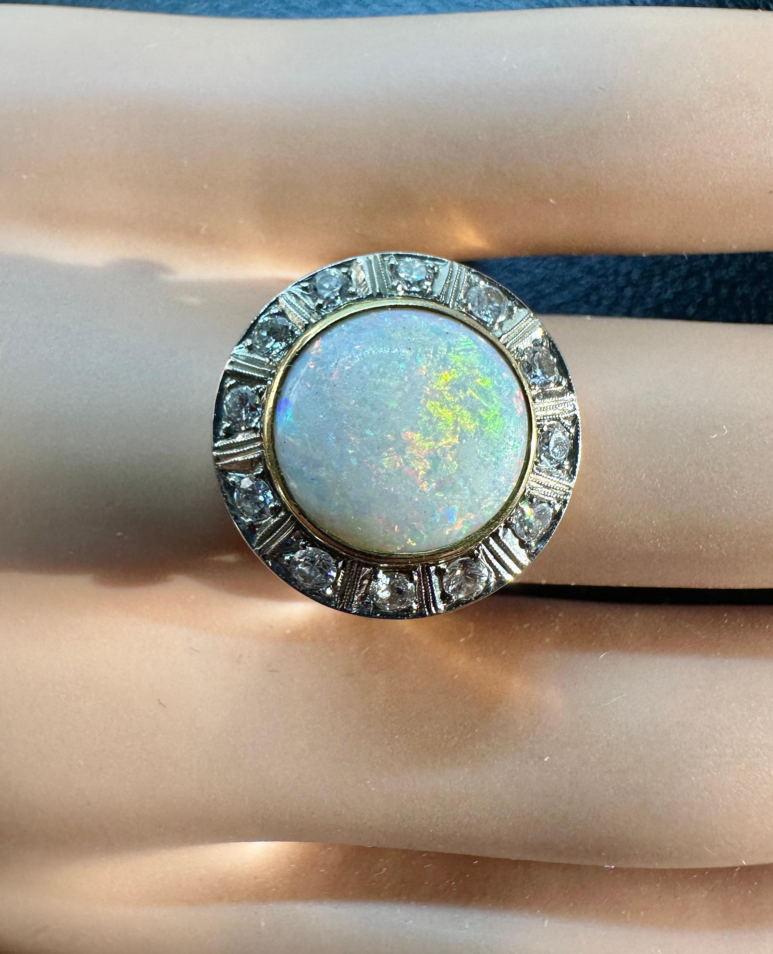 Cabochon 4 Carat Opal Old Mine Cut Diamond Ring 14 Karat Gold Cocktail Art Deco Victorian For Sale