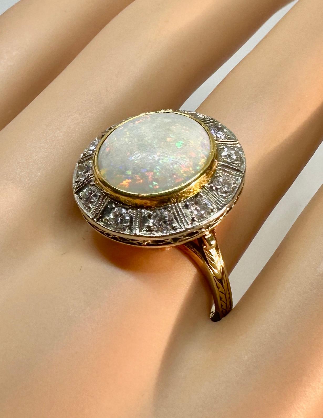 4 Carat Opal Old Mine Cut Diamond Ring 14 Karat Gold Cocktail Art Deco Victorian In Excellent Condition For Sale In New York, NY