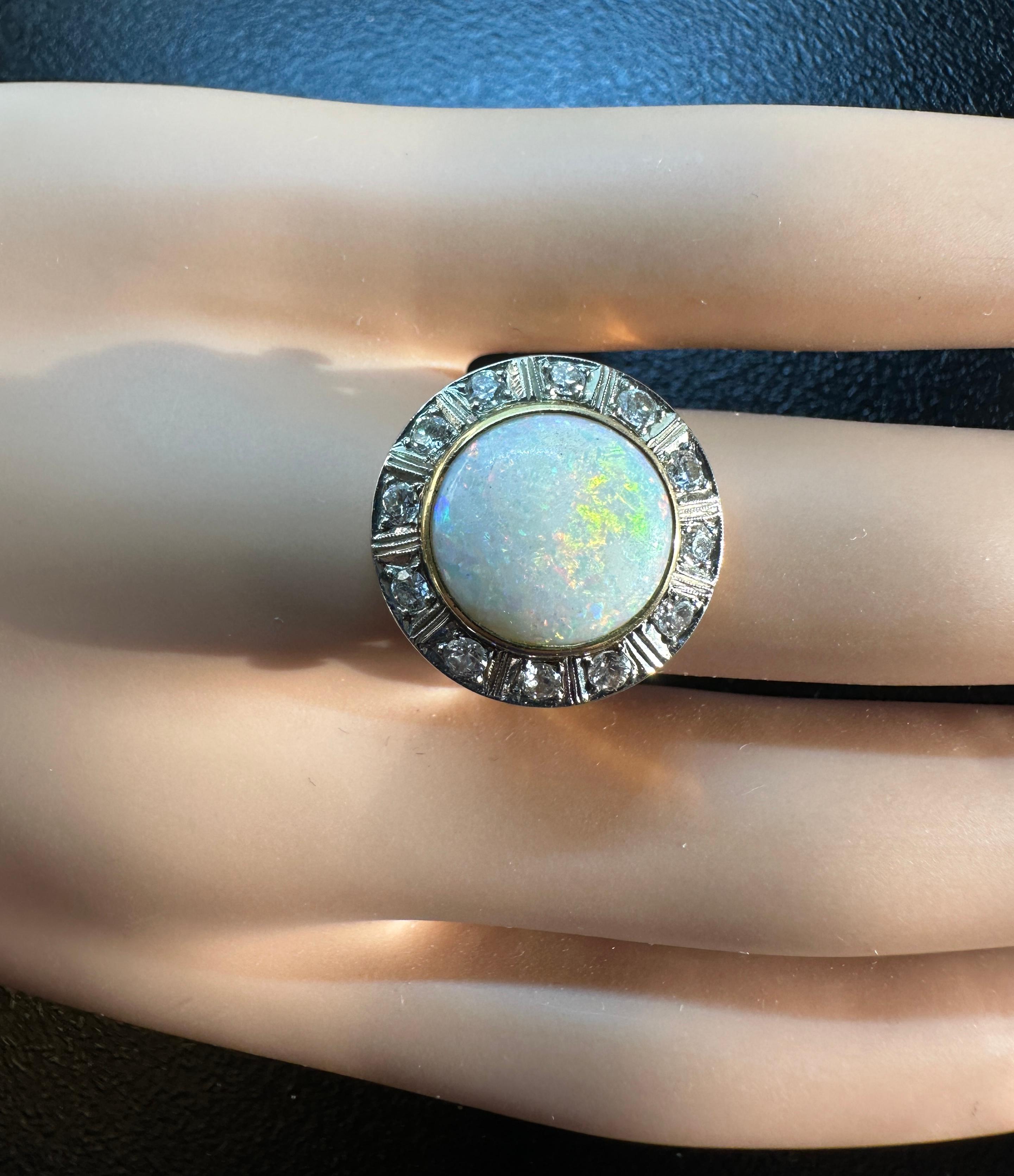 4 Carat Opal Old Mine Cut Diamond Ring 14 Karat Gold Cocktail Art Deco Victorian For Sale 1