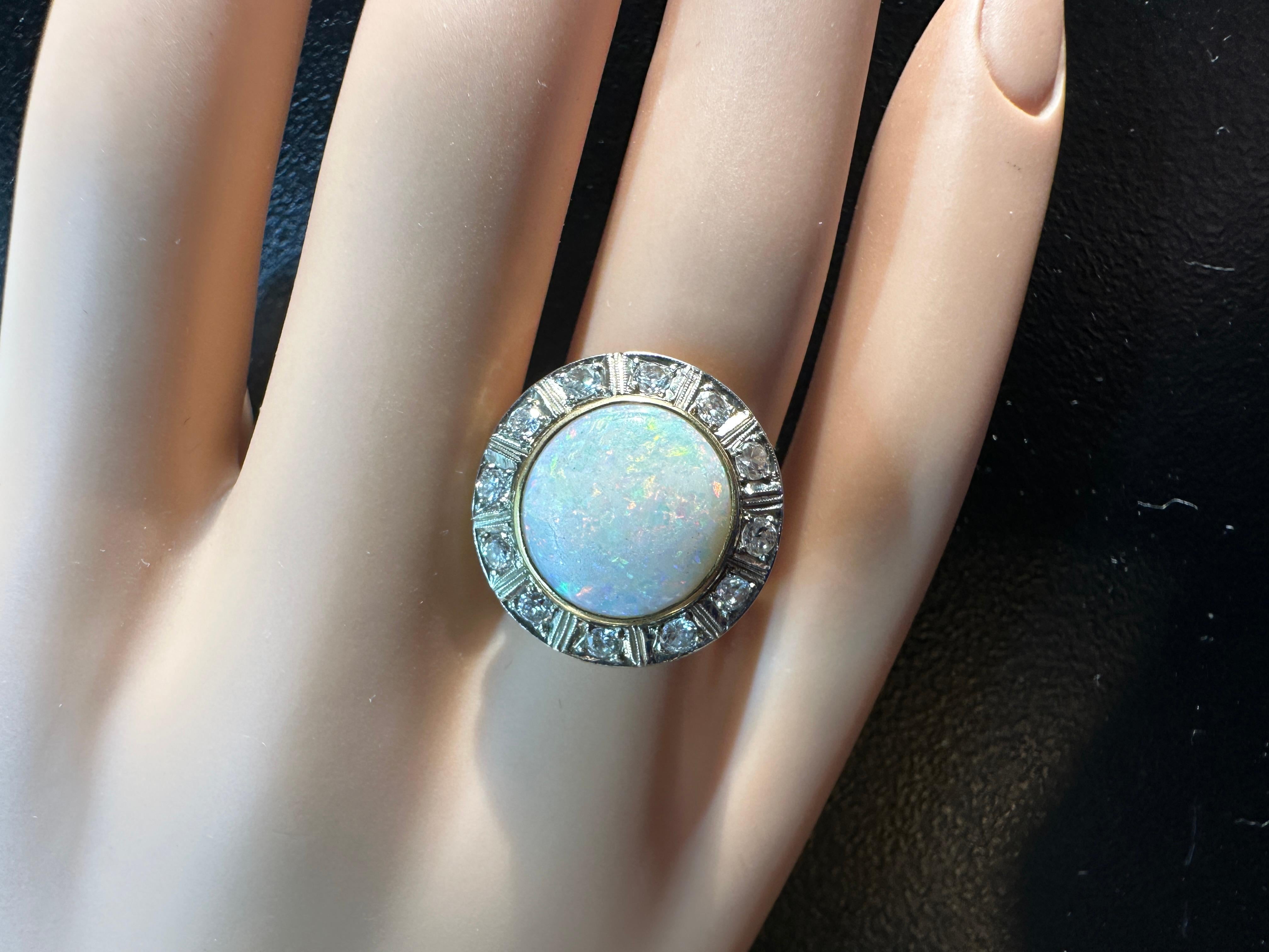 4 Carat Opal Old Mine Cut Diamond Ring 14 Karat Gold Cocktail Art Deco Victorian For Sale 4