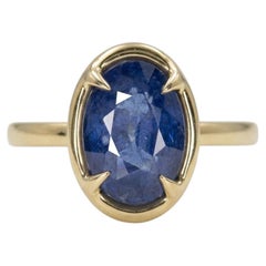 4 Carat Oval Blue Sapphire Solitaire Vintage Style Ring in 14k Gold