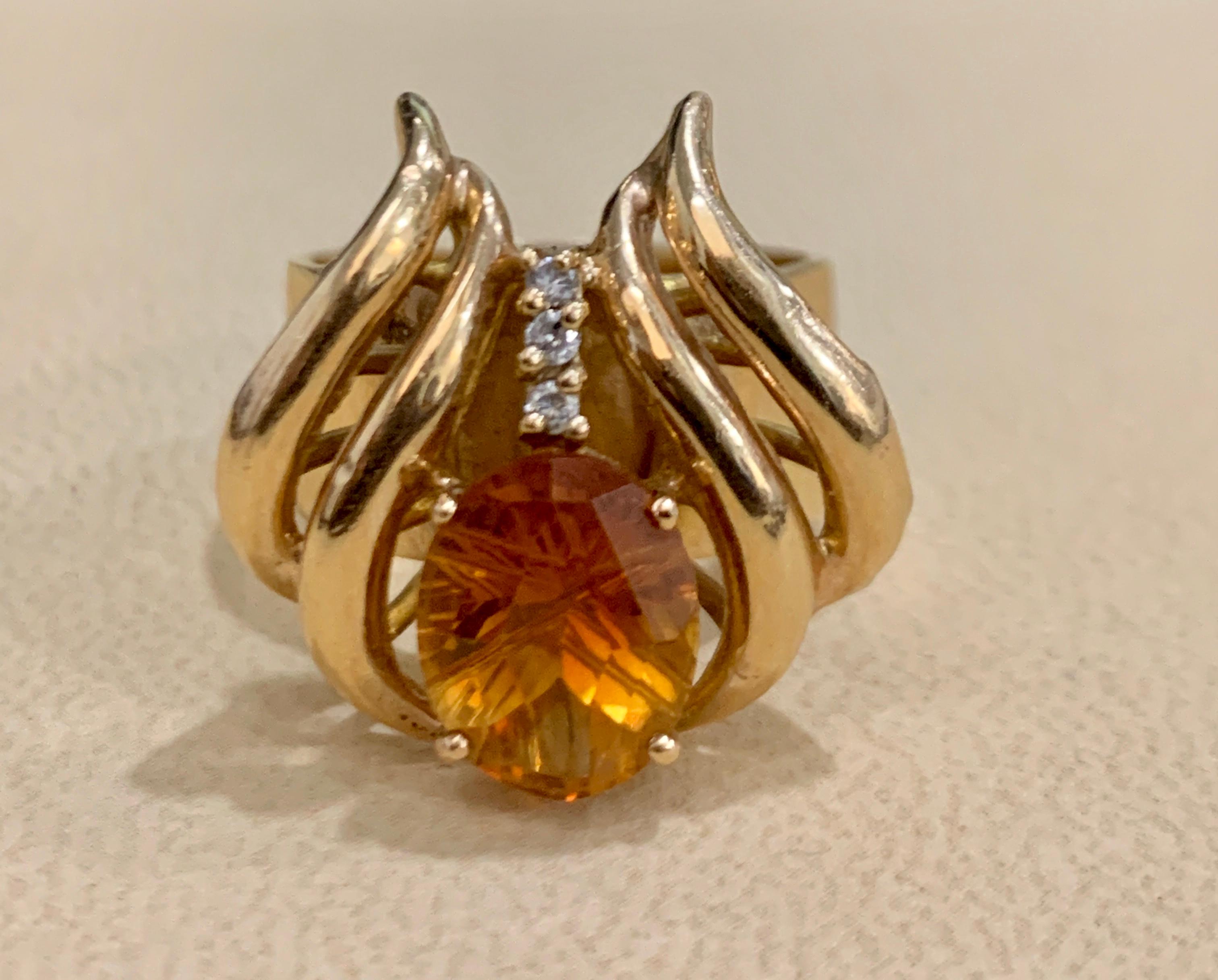 Oval Cut 4 Carat Oval Citrine and Diamond Ring in 14 Karat Yellow Gold, Estate For Sale