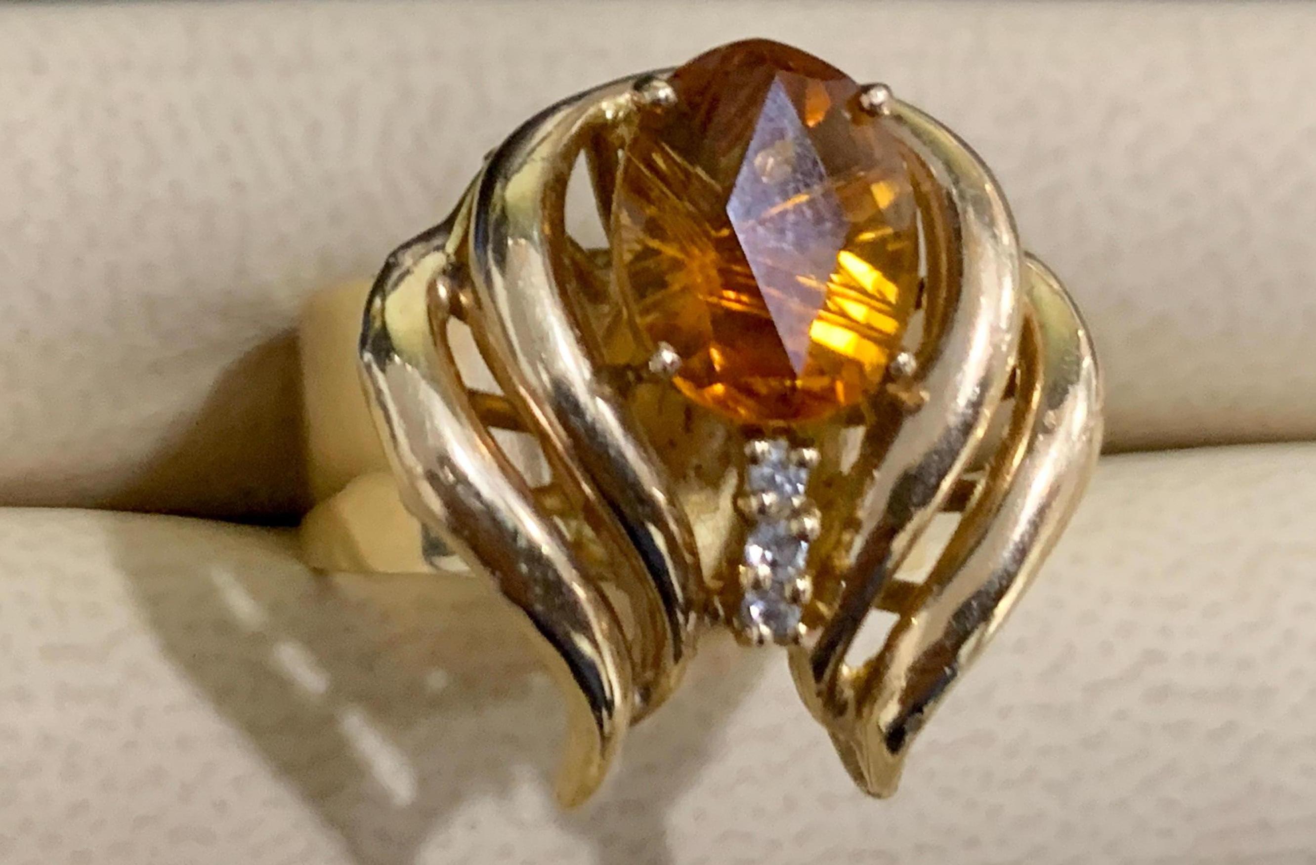 Women's 4 Carat Oval Citrine and Diamond Ring in 14 Karat Yellow Gold, Estate For Sale