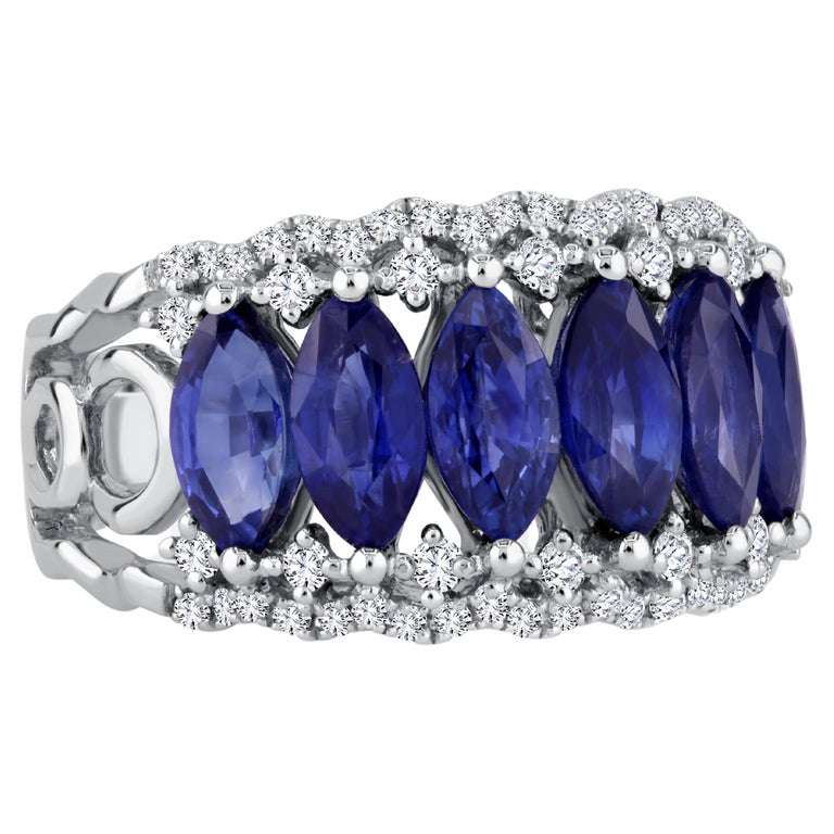 4 Carat Oval Cut Blue Sapphire and Diamond Band in 18k White Gold For Sale