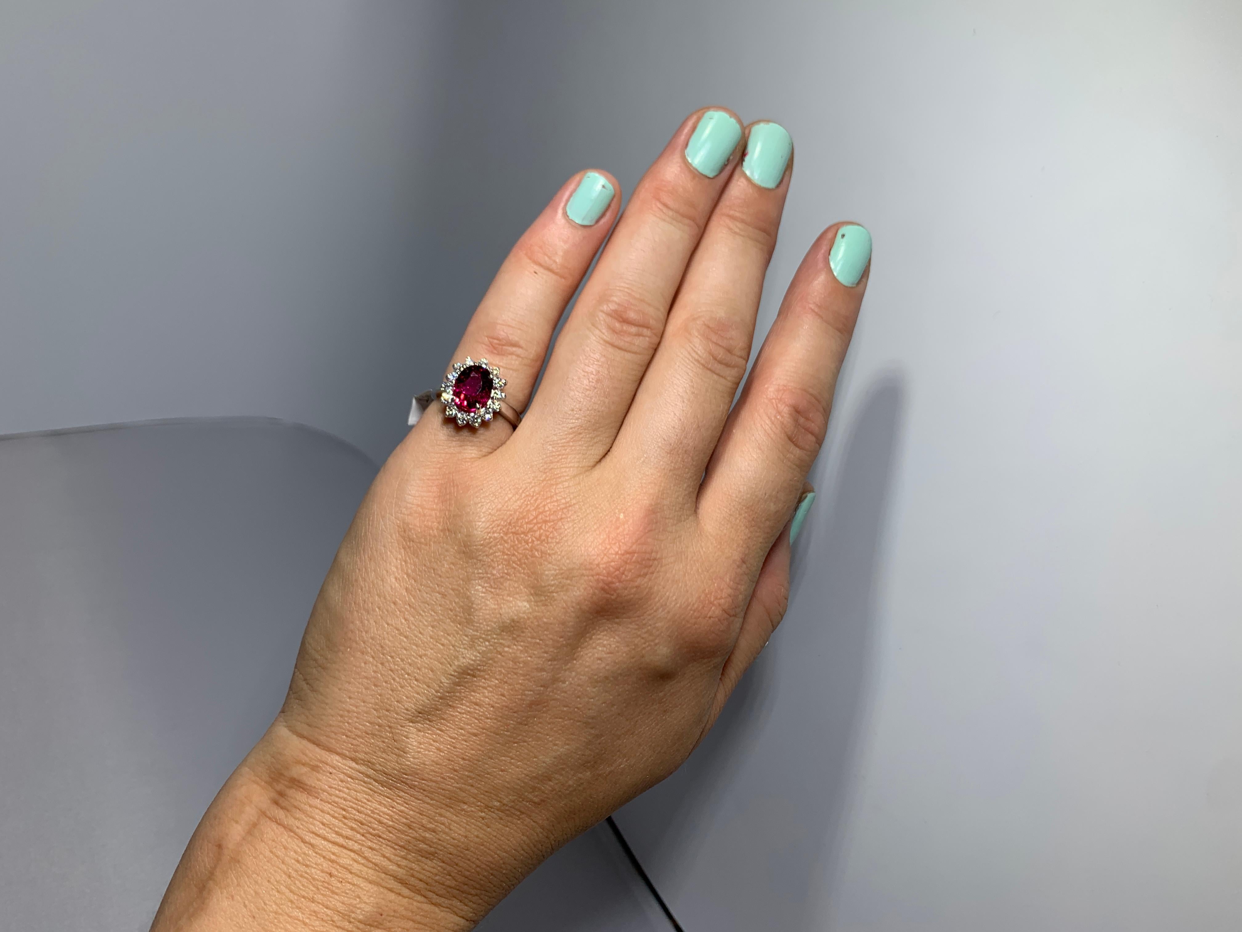 4 Carat Oval Cut Rubellite and Diamond 14 Karat White Gold Ring 4