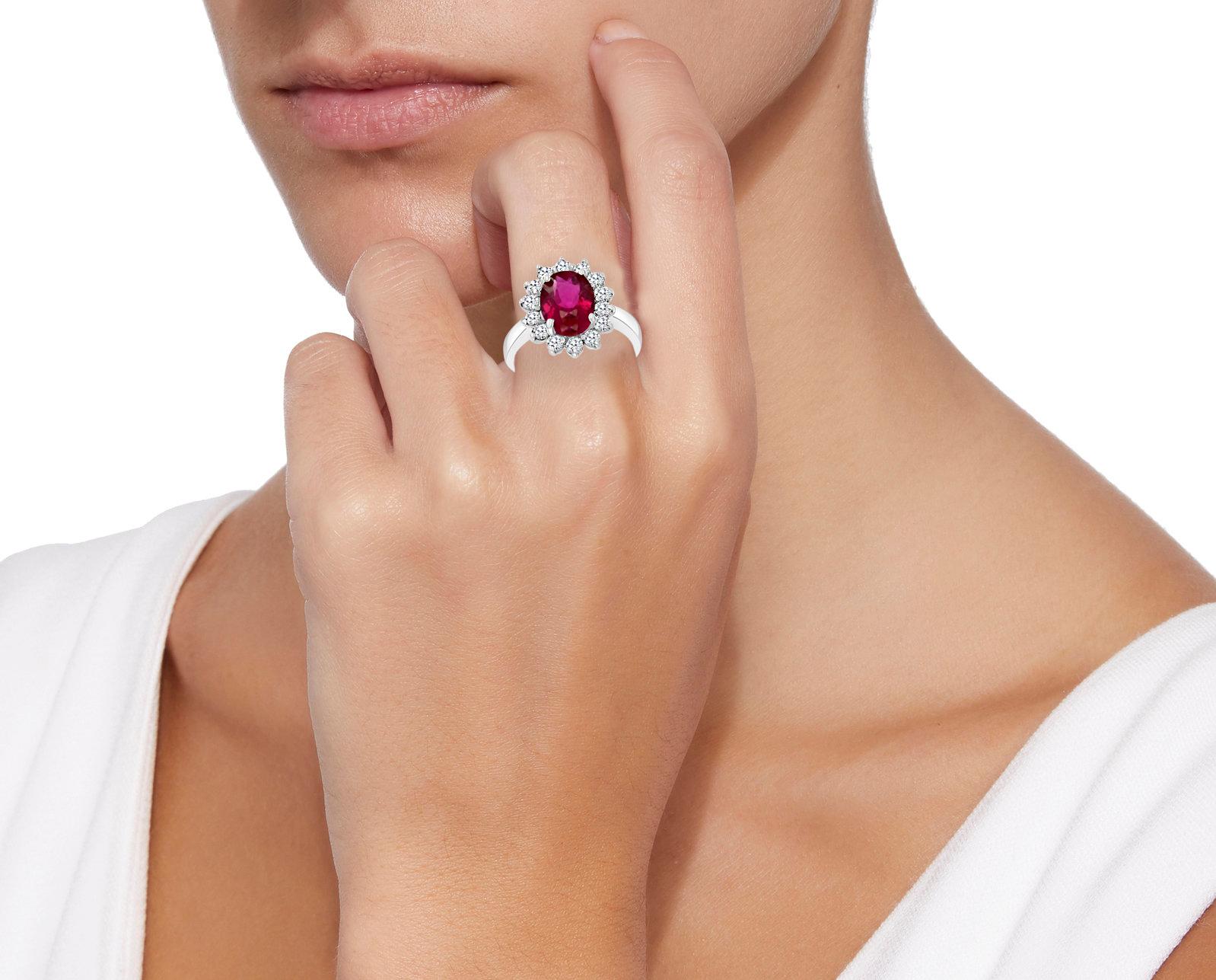 4 Carat Oval Cut Rubellite and Diamond 14 Karat White Gold Ring 3