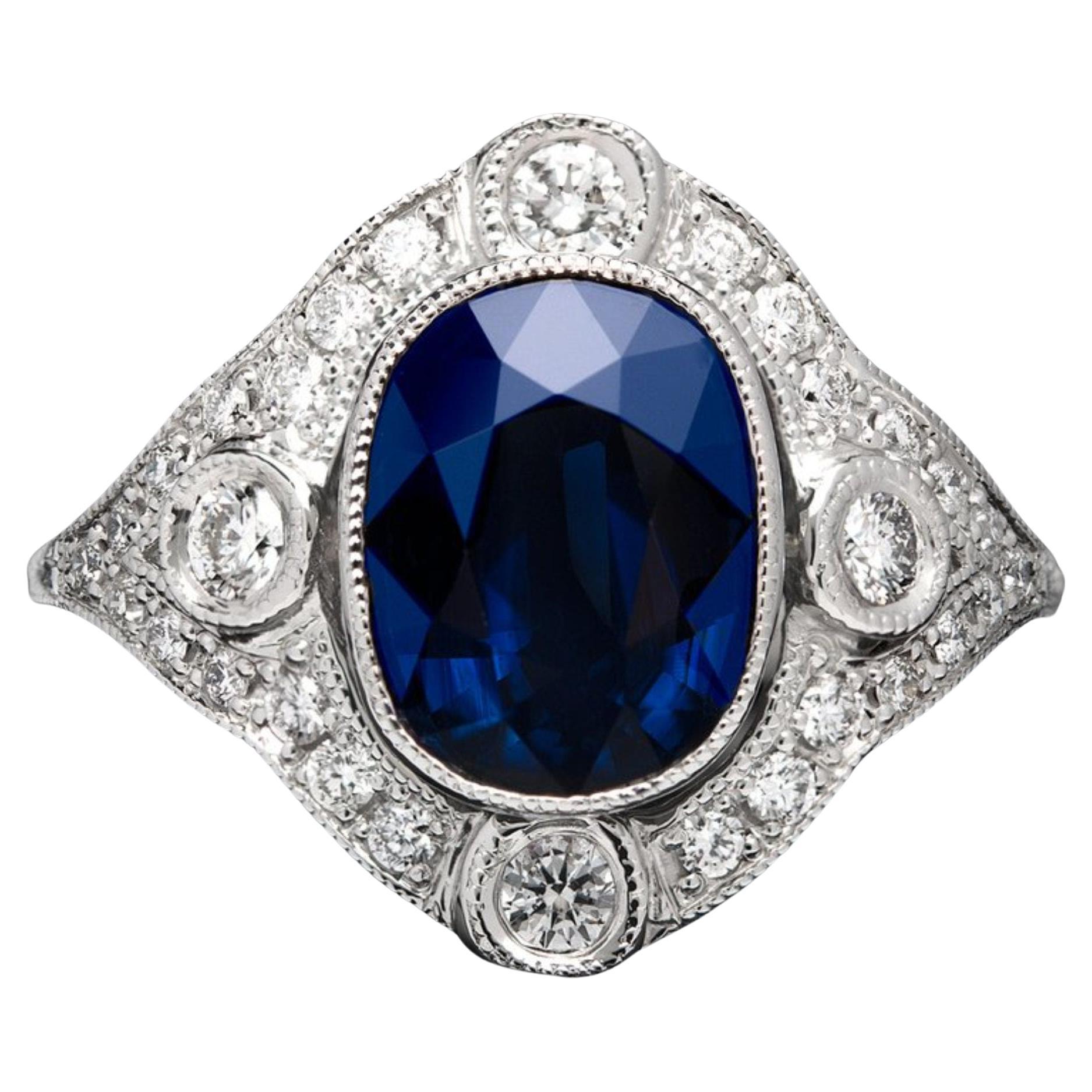 For Sale:  4 Carat Oval Cut Sapphire Diamond Engagement Ring, Blue Sapphire Wedding Ring