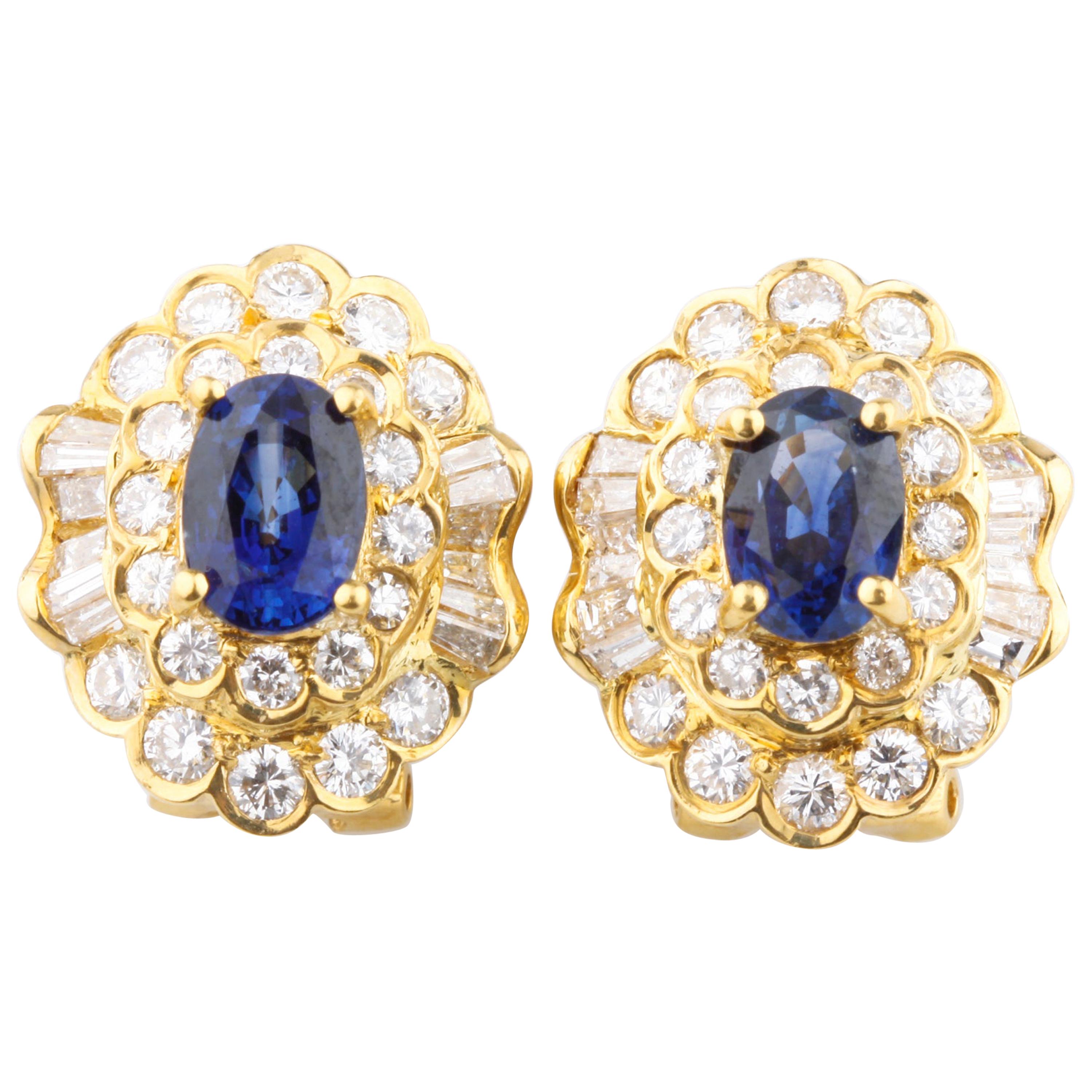 4 Carat Oval Natural Sapphire Huggie Earrings with Diamonds in Yellow Gold For Sale