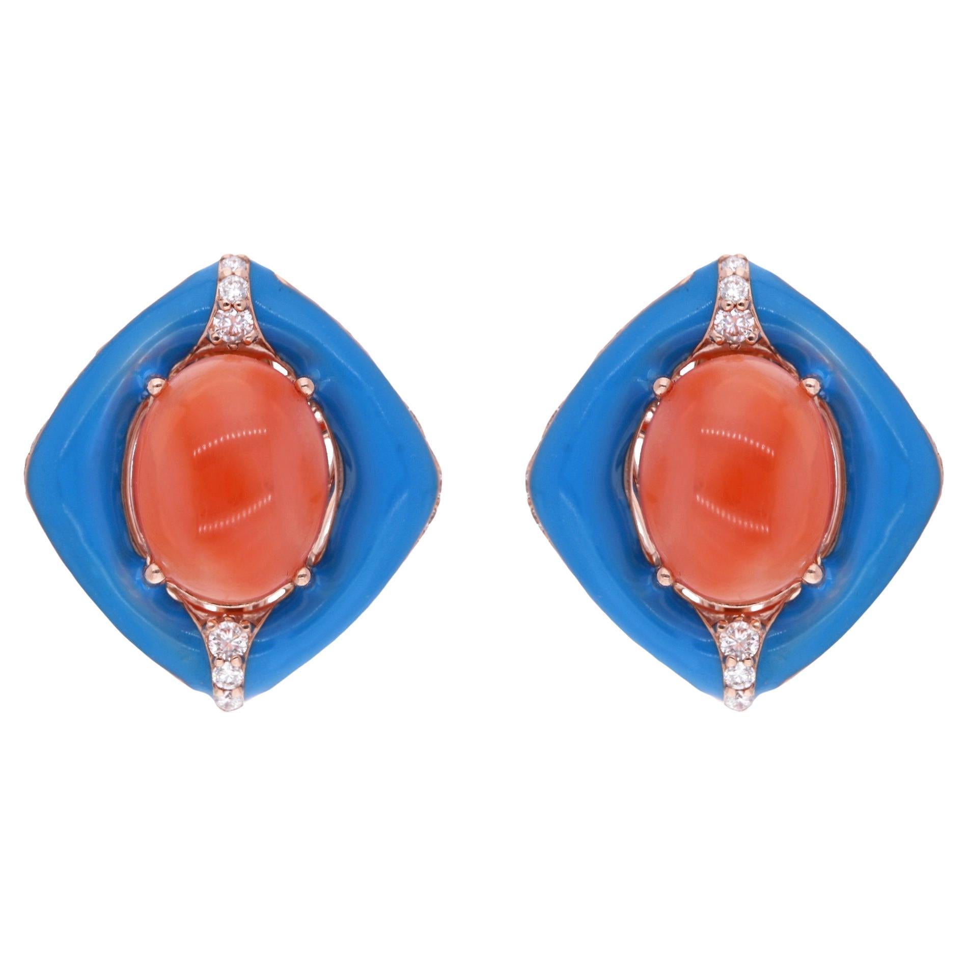 Orecchini a perno di corallo rosso ovale da 4 carati Smalto turchese Diamante Oro rosa 18 carati in vendita
