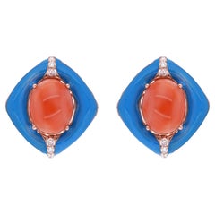 Clous d'oreilles en or rose 18 carats, corail rouge ovale 4 carats, turquoise, émail et diamants