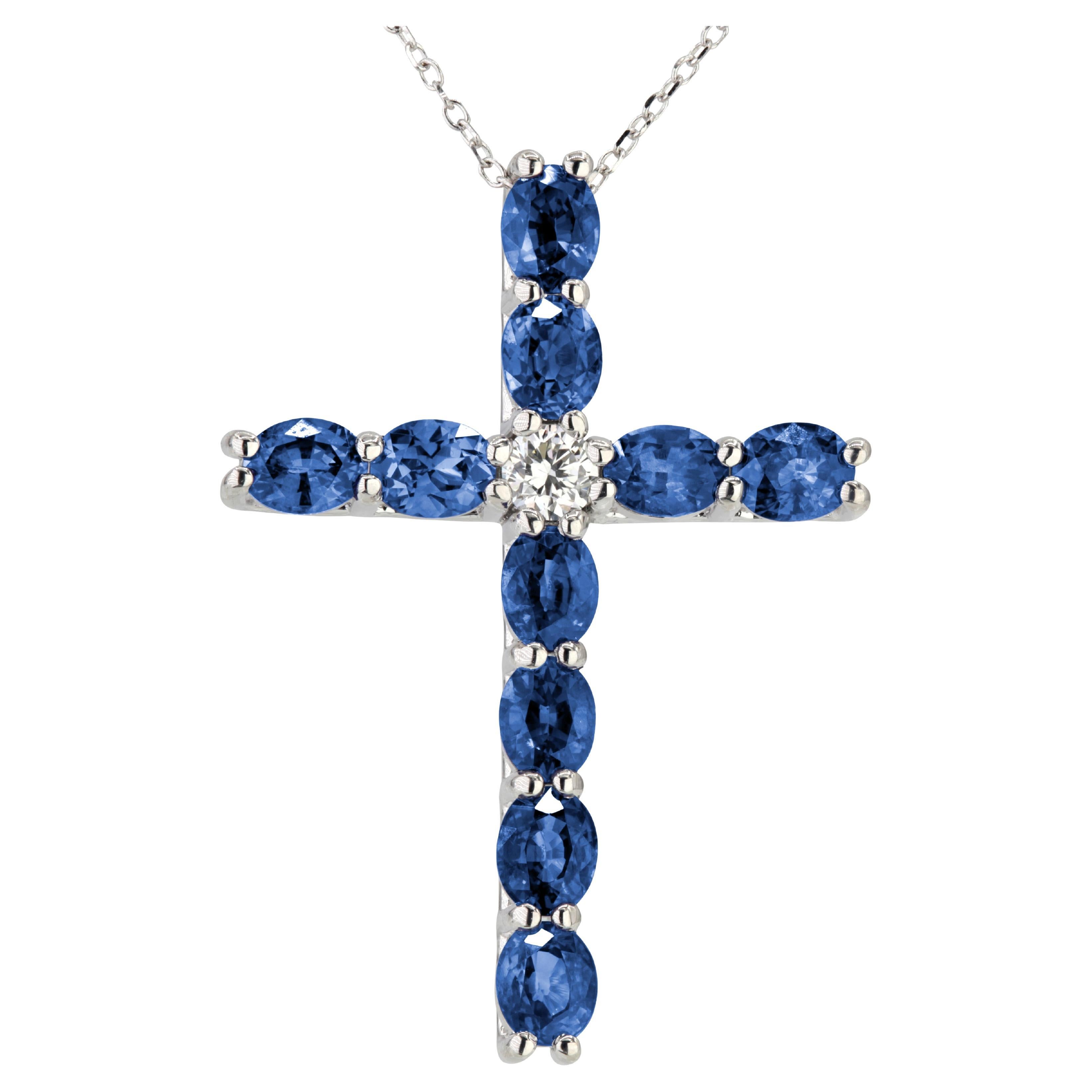 4 Carat Oval Sapphire Cross Pendant With 0.16 Carat Diamond in 18k White Ref984
