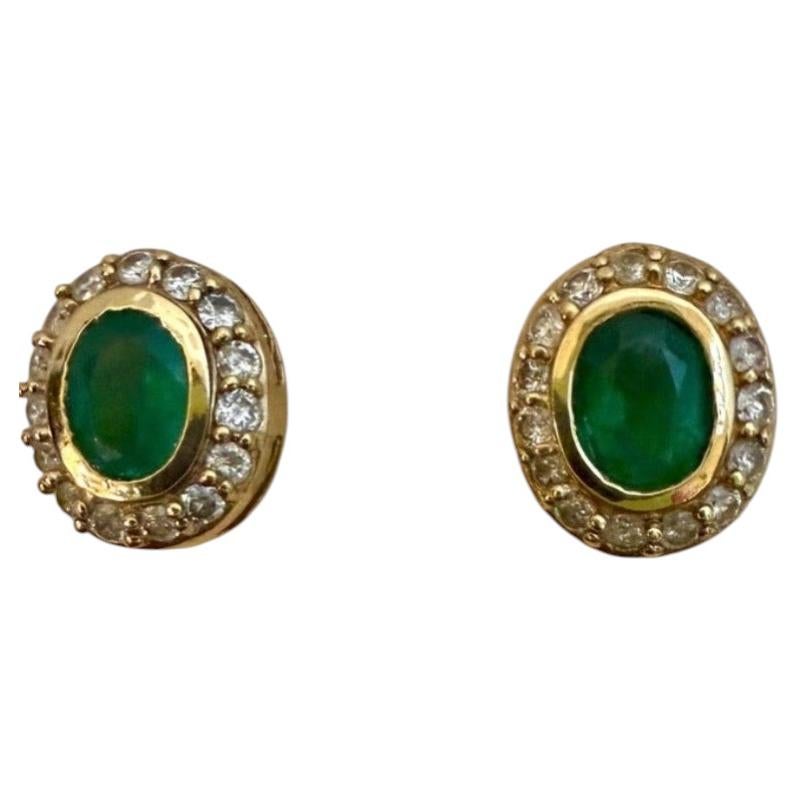 New 14K Yellow Gold Emerald and Diamond Post Back Earrings, 4ct