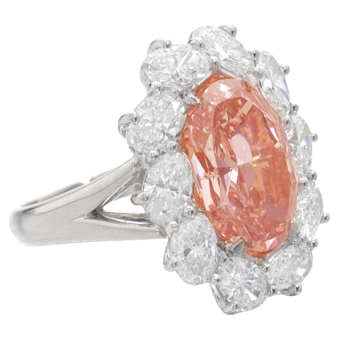 4 Carat Oval Statement Fancy orangy pink 14K  Colour-Collector’s Diamond Ring For Sale