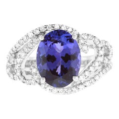 4 Carat Oval Tanzanite Diamond Cocktail Ring 14k White Gold Twist Band Detail