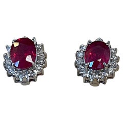 4 Carat Oval Treated Ruby & 1.2 Ct Diamond Stud Earrings 14 Karat White Gold
