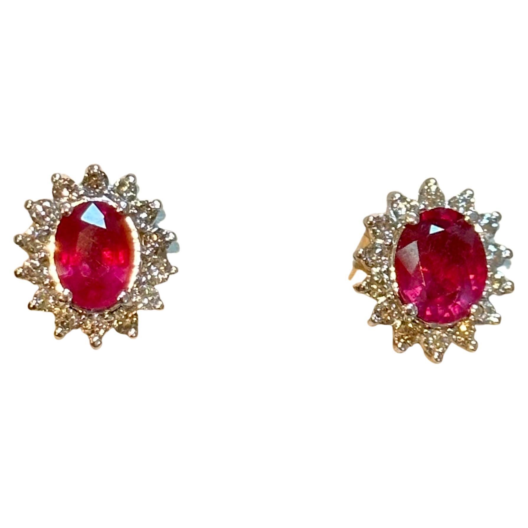 4 Carat Oval Treated Ruby & 1.2 Ct Diamond Stud Earrings 14 Karat White Gold