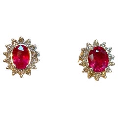 4 Carat Oval Treated Ruby & 1.2 Ct Diamond Stud Earrings 14 Karat White Gold