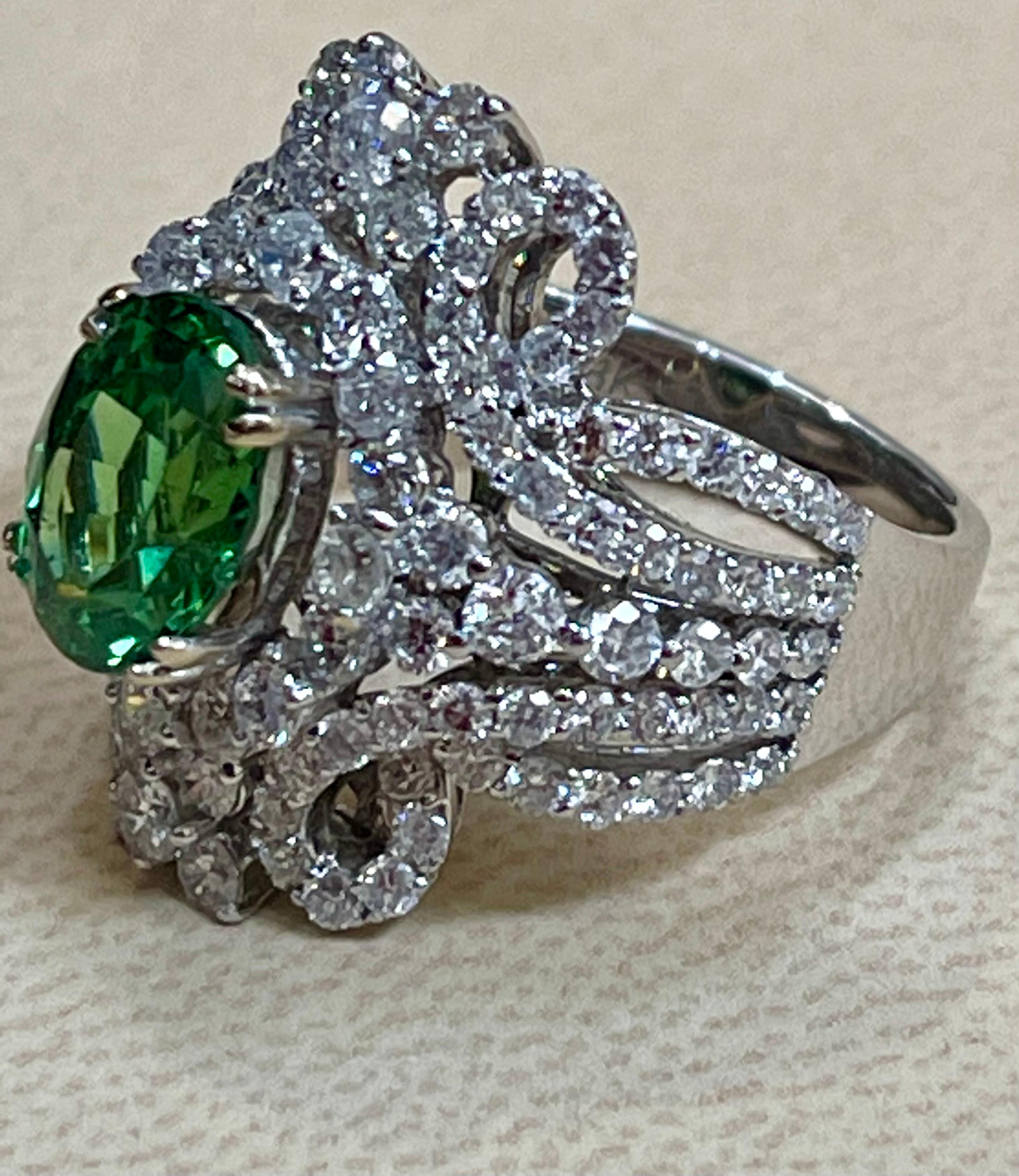 4 Carat Oval Tsavorite & 2.9 Carat Diamond in 18 Karat White Gold Ring Estate For Sale 3