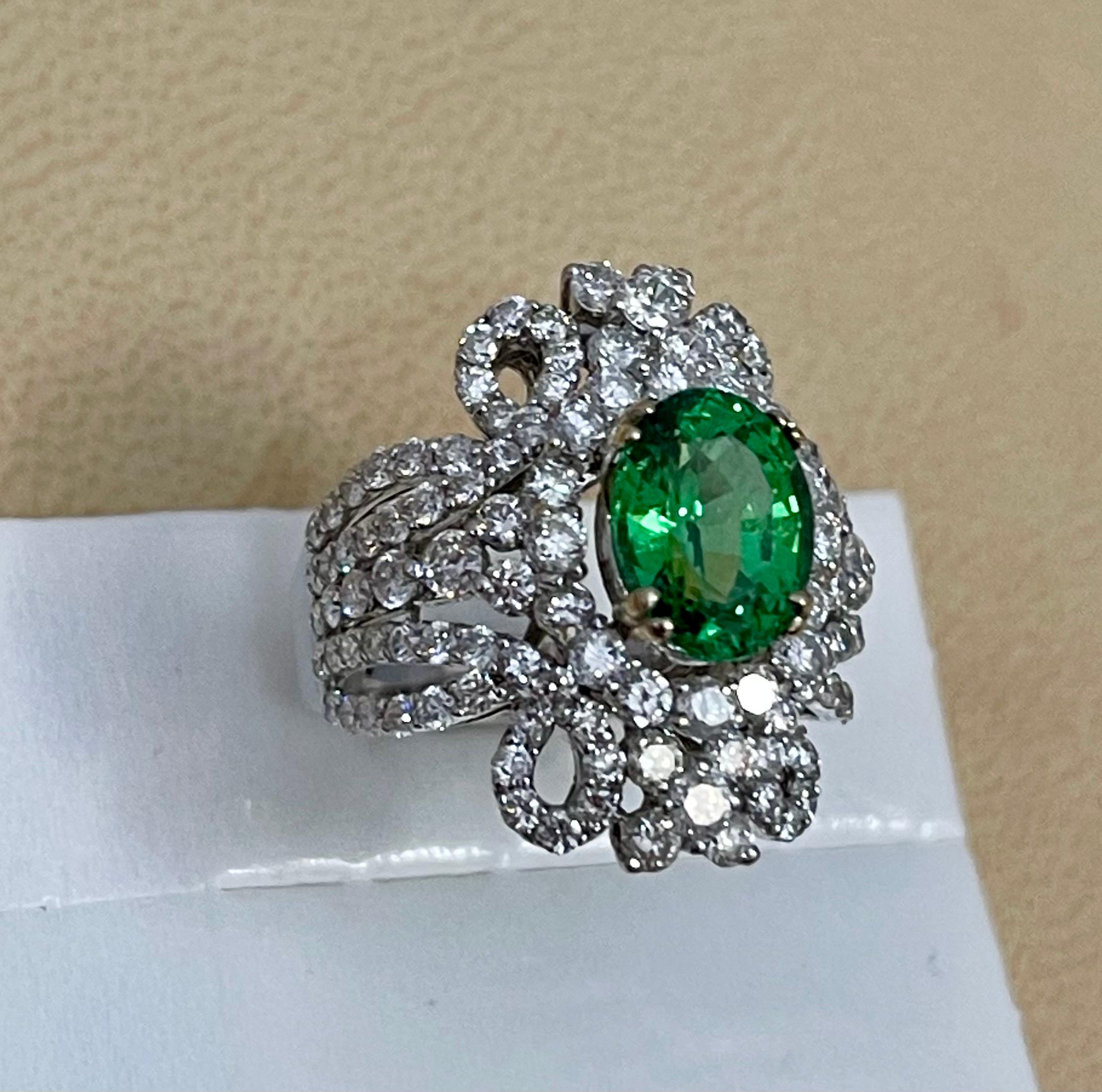 4 Carat Oval Tsavorite & 2.9 Carat Diamond in 18 Karat White Gold Ring Estate For Sale 7