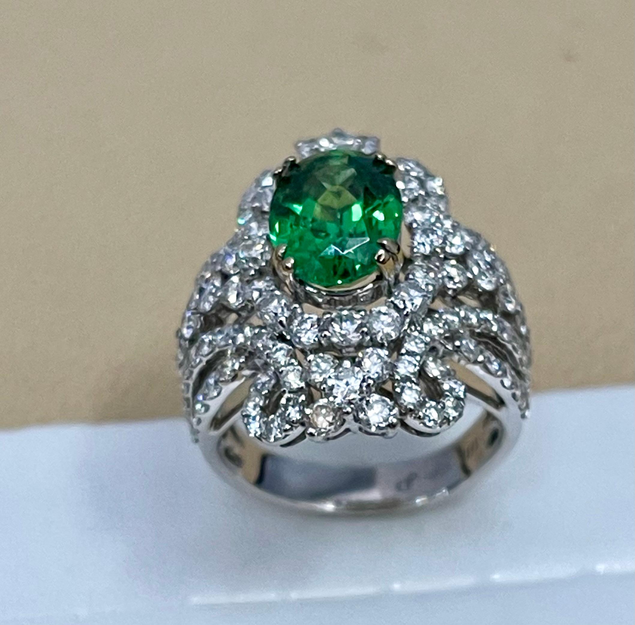 4 Carat Oval Tsavorite & 2.9 Carat Diamond in 18 Karat White Gold Ring Estate For Sale 8