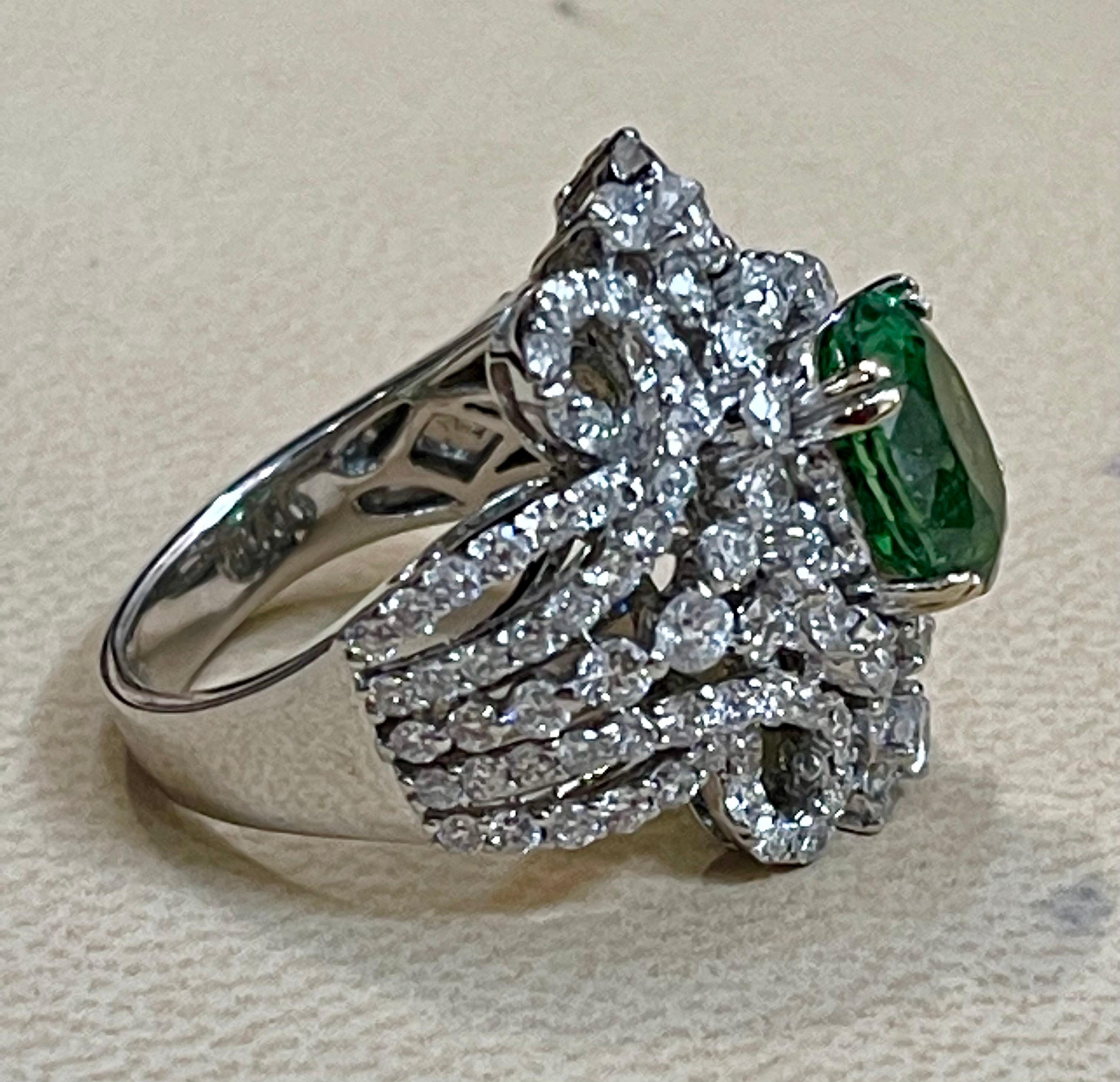 4 Carat Oval Tsavorite & 2.9 Carat Diamond in 18 Karat White Gold Ring Estate For Sale 2