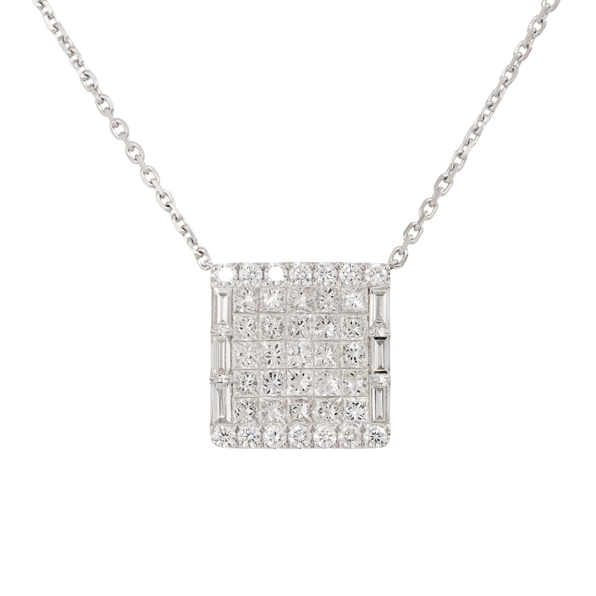 18k White Gold 4ctw Pave Diamond Rectangular Shape Pendant Necklace
Material: 18k White Gold
Diamond Details: There are approximately 4 carats of invisible set diamonds. There are Princess cut diamonds in the center of the pendant surrounded by