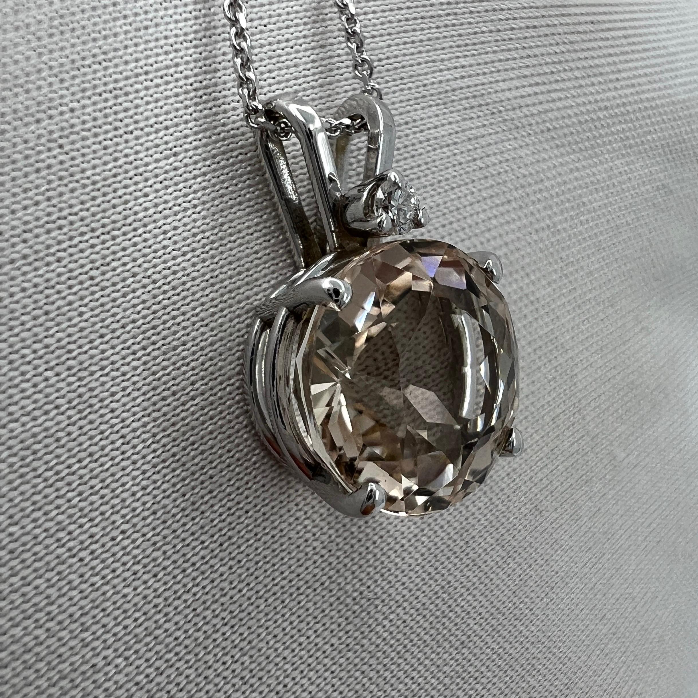 Women's or Men's 4 Carat Peach Morganite & Diamond Round Cut 14k White Gold Pendant Necklace For Sale
