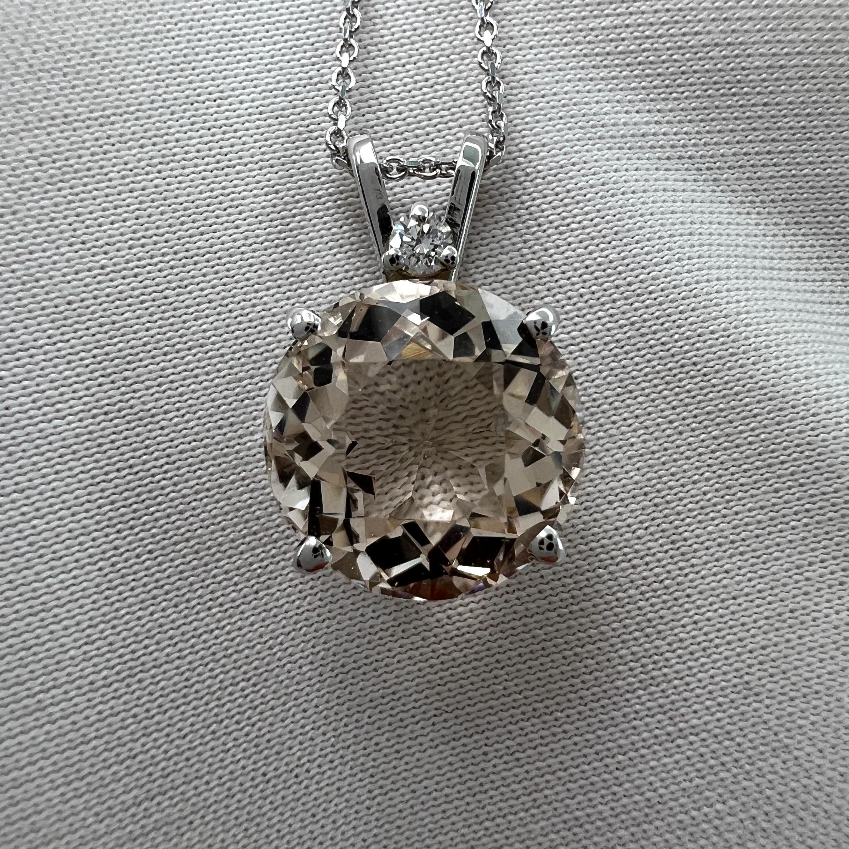 4 Carat Peach Morganite & Diamond Round Cut 14k White Gold Pendant Necklace For Sale 2