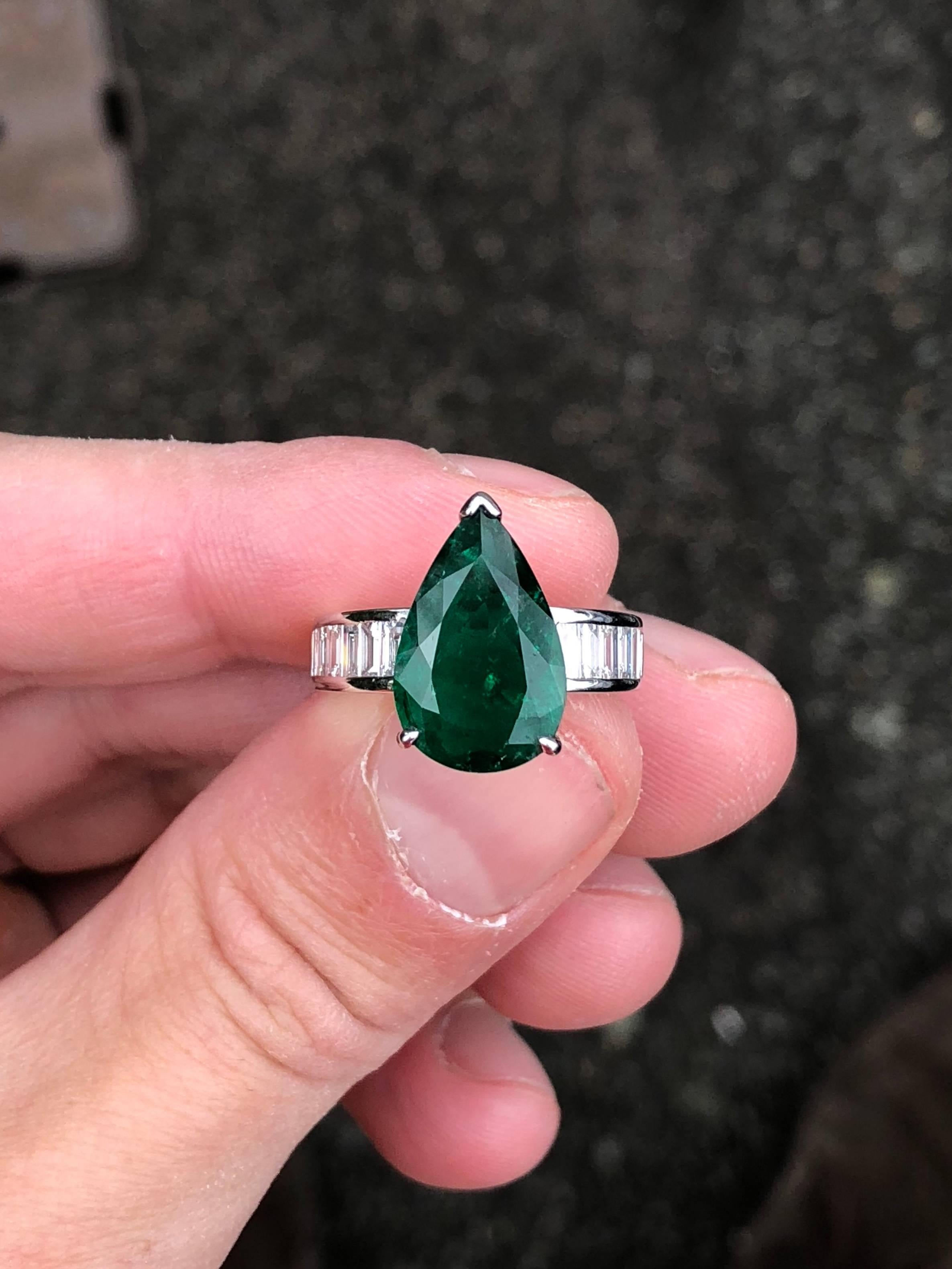 Artisan 4 Carat Pear Cut, Colombian Emerald Engagement Ring in White Gold For Sale