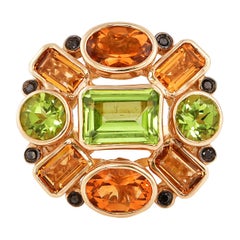 4 Carat Peridot and Citrine, with Black Diamond Ring in 14 Karat Yellow Gold