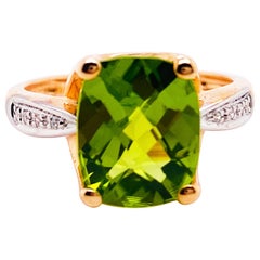 4 Carat Peridot and Diamond Band Rose Gold Ring in 14K Gold Antique Cushion Cut