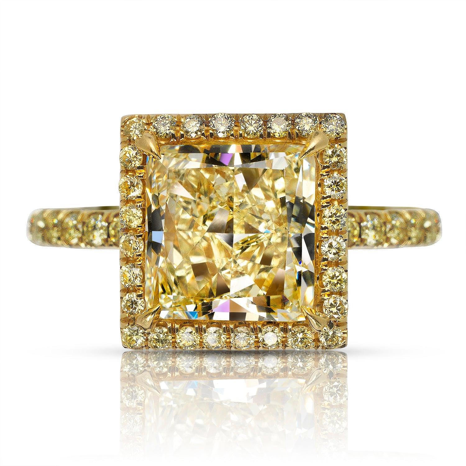 RIKER -HALO PRINCESS CUT YELLOW DIAMOND ENGAGEMENT RING BY MIKE NEKTA 
GIA CERTIFIED
Center Diamond:

Carat Weight: 3.5 Carats
Color : Y TO Z RANGE
Clarity: VS2
Style: PRINCESS CUT 
Approximate Measurements:  8.7 x 8.4 x 5.2 mm
  
Ring:
Metal: 28K