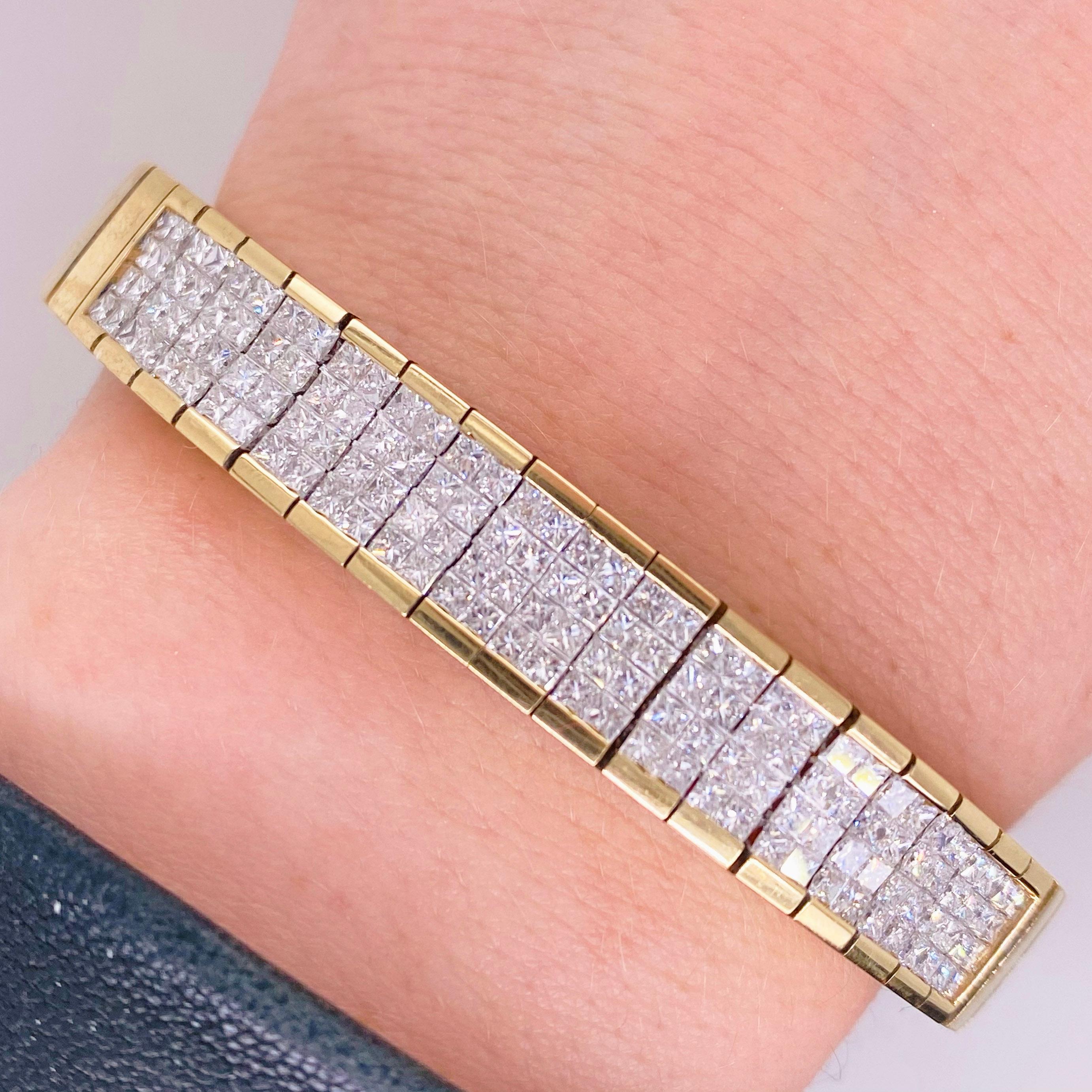 Diamond Paved Bracelet with 4 carat (4.00 ct) total weight of princess cut diamonds

The perfect accessory for everyday or a formal event! This diamond bracelet is unlike any other, with 4 carats of square/princess diamonds invisibly set. The