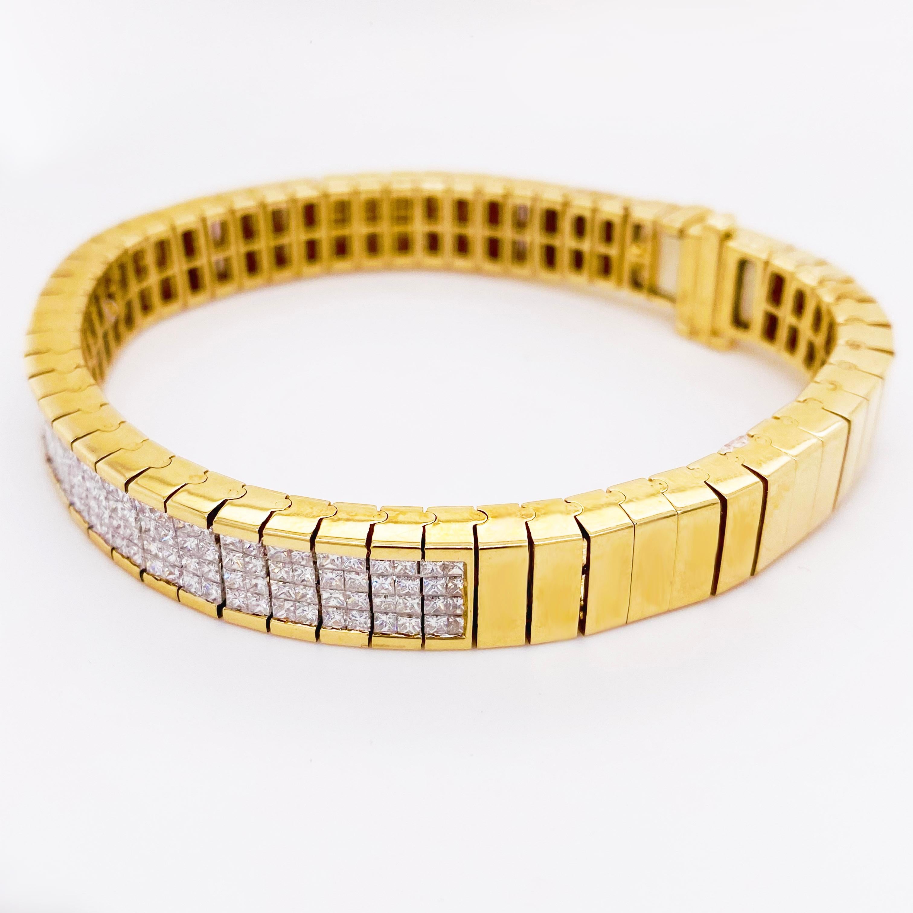Retro 4 Carat Princess Cut Diamond Paved Gold Bracelet, 4.00 Carat Total Weight Dia For Sale