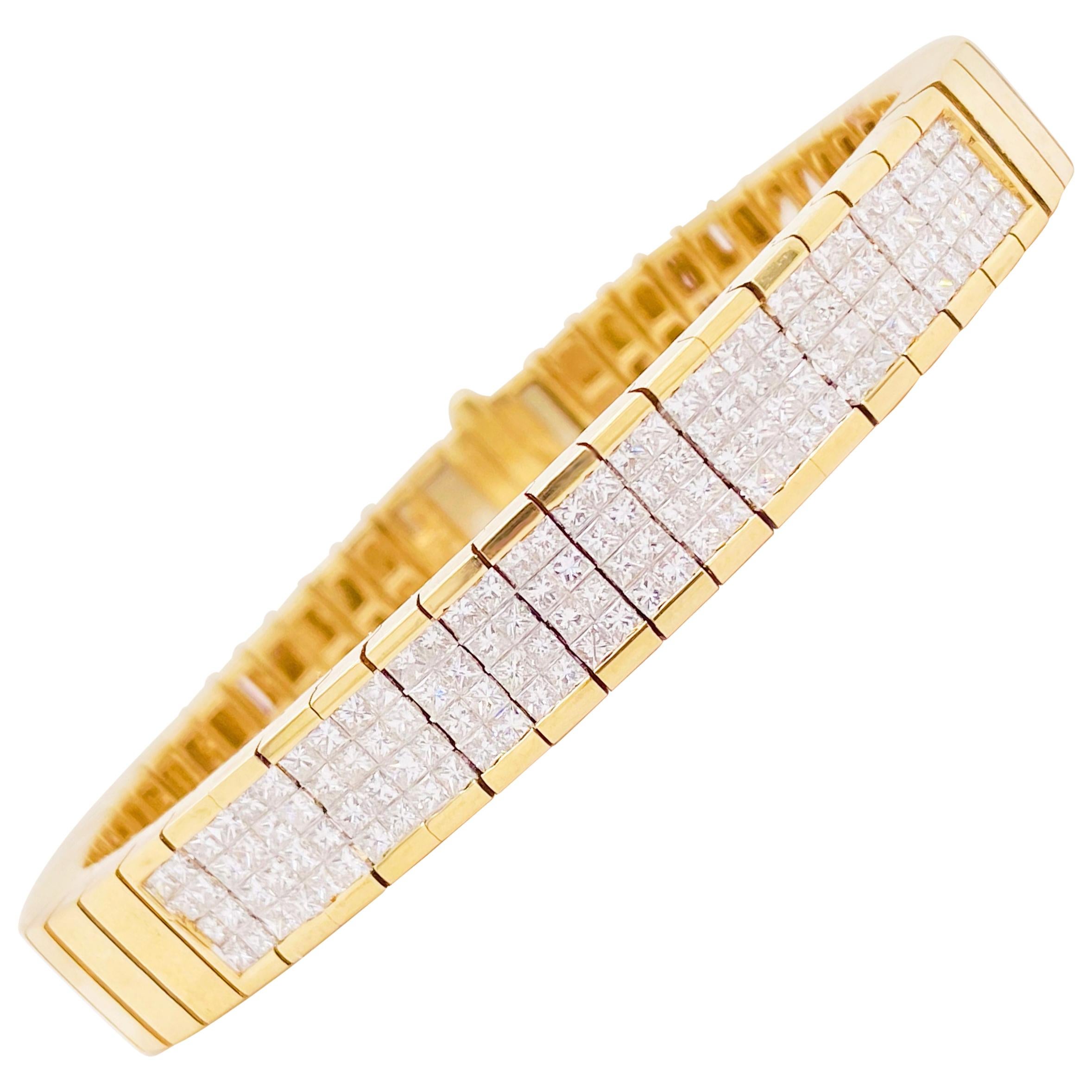 4 Carat Princess Cut Diamond Paved Gold Bracelet, 4.00 Carat Total Weight Dia
