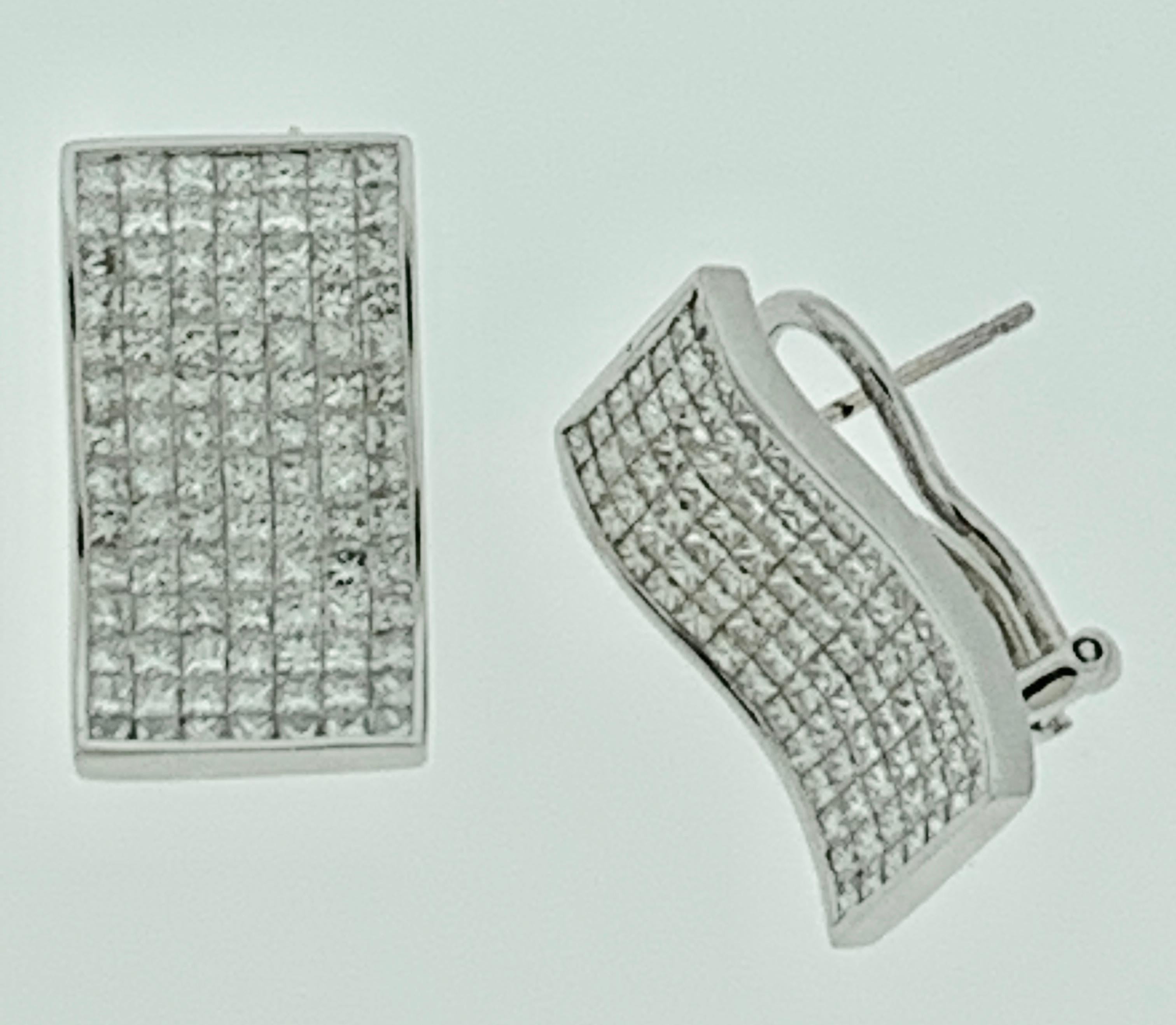 4 Carat Princess Cut Invisible Set Diamond Cocktail Earrings 18 Karat White Gold 3