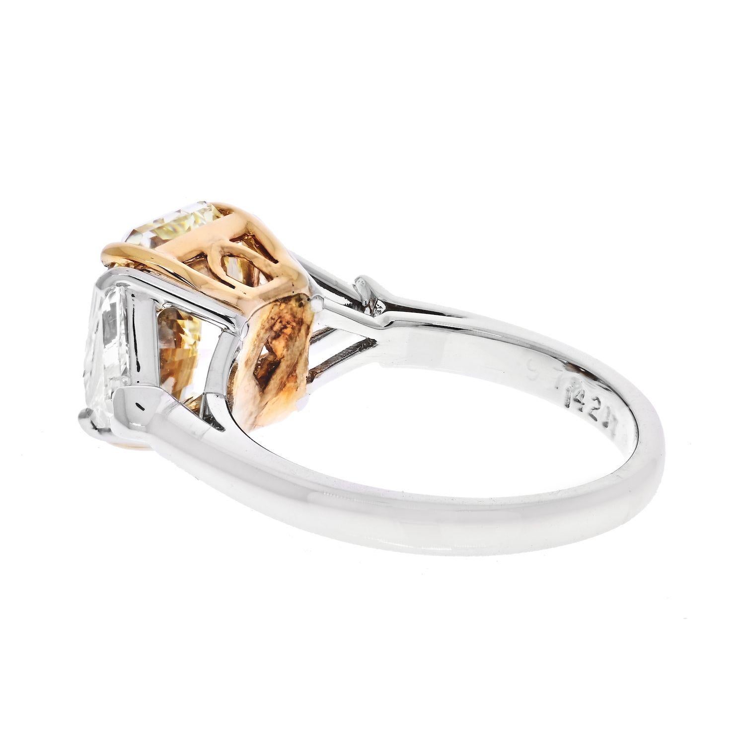 Modern 4 Carat Radiant Cut Diamond Fancy Yellow GIA Three-Stone Engagement Ring