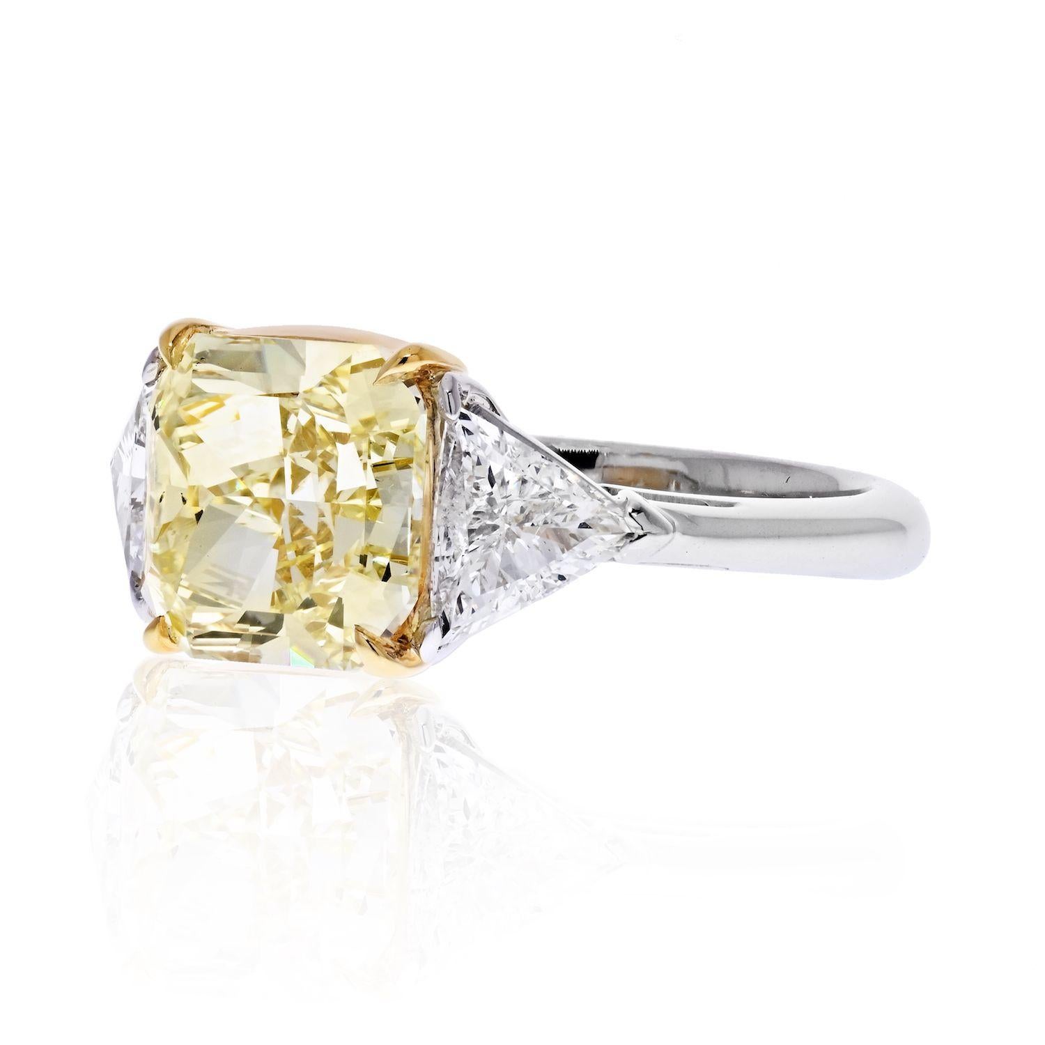 4 Carat Radiant Cut Diamond Fancy Yellow GIA Three Stone Engagement Ring In Excellent Condition In New York, NY