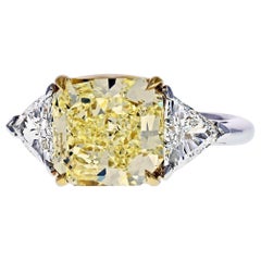 4 Carat Radiant Cut Diamond Fancy Yellow GIA Three Stone Engagement Ring