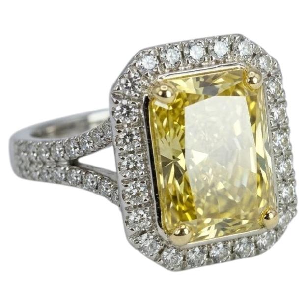 4 Carat Radiant Cut Fancy Yellow Diamond Halo Engagement Ring