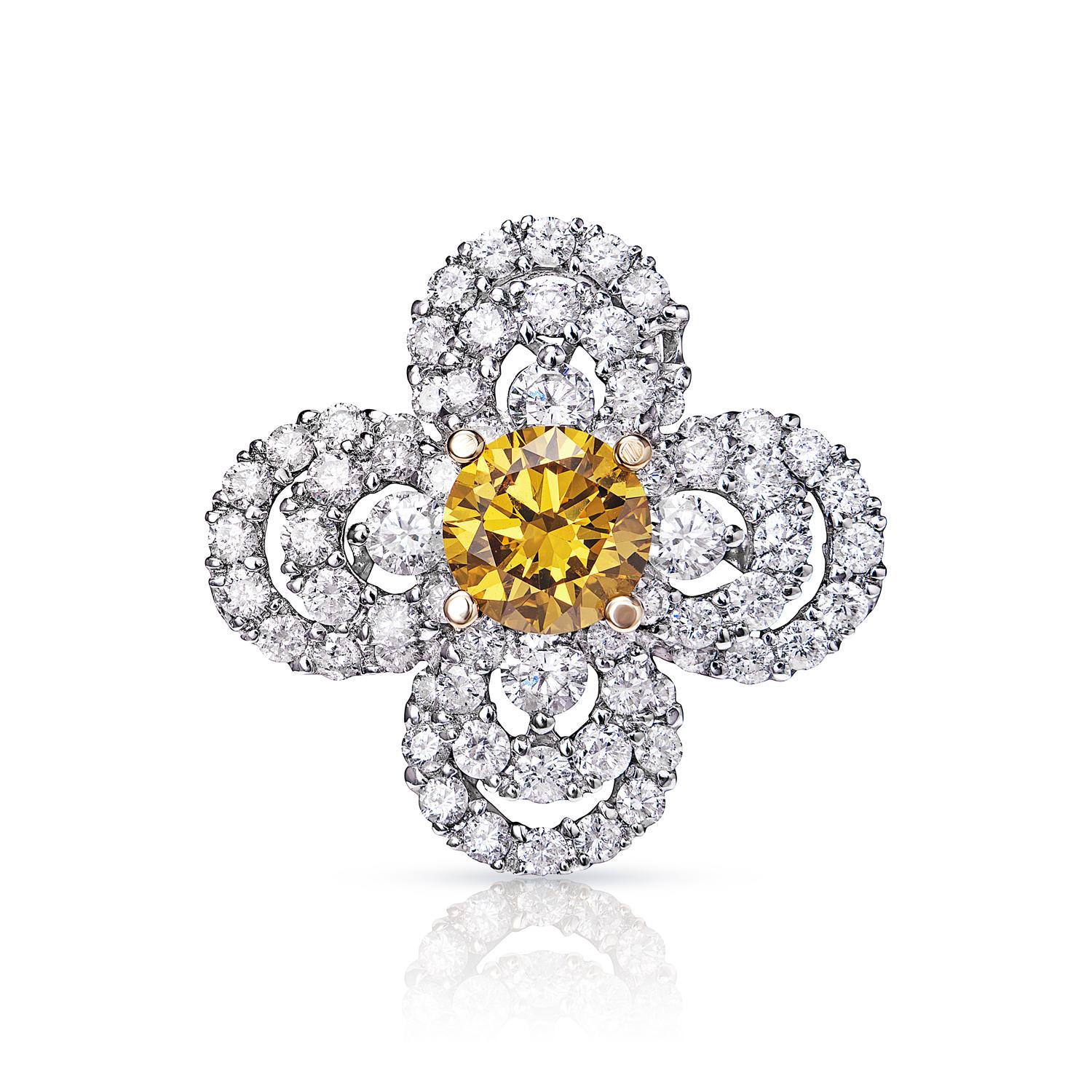 Center Earth Mined Diamond:
Carat Weight: 1.00 Carat
Color: Yellow
Style: Round Brilliant Cut

Ring:
Setting: Cluster
Total Carats: 3.57 Carats
Diamond: 2.57 Carats
Shape: Round Brilliant Cut
Metal: 18 Karat White Gold 8.40 grams
Size: Can be