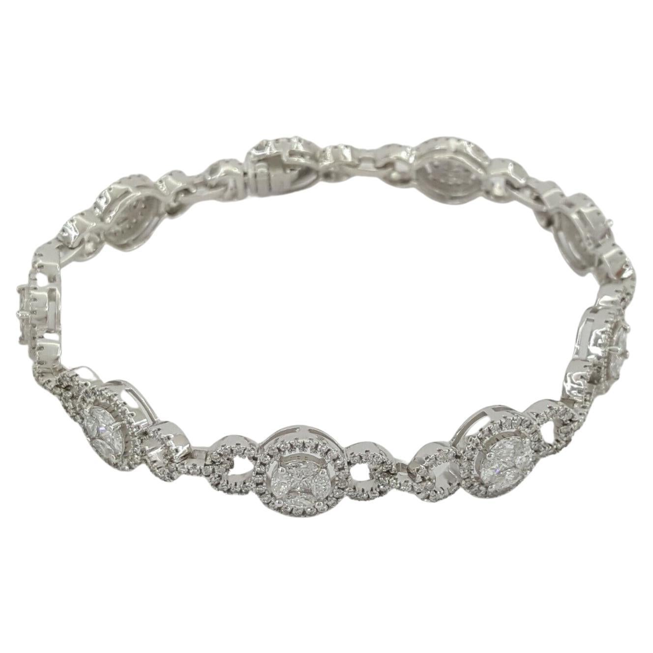 4 ct Total Weight 14K White Gold Round Brilliant, Marquise, & Princess Cut Diamond Cluster Tennis Bracelet. 